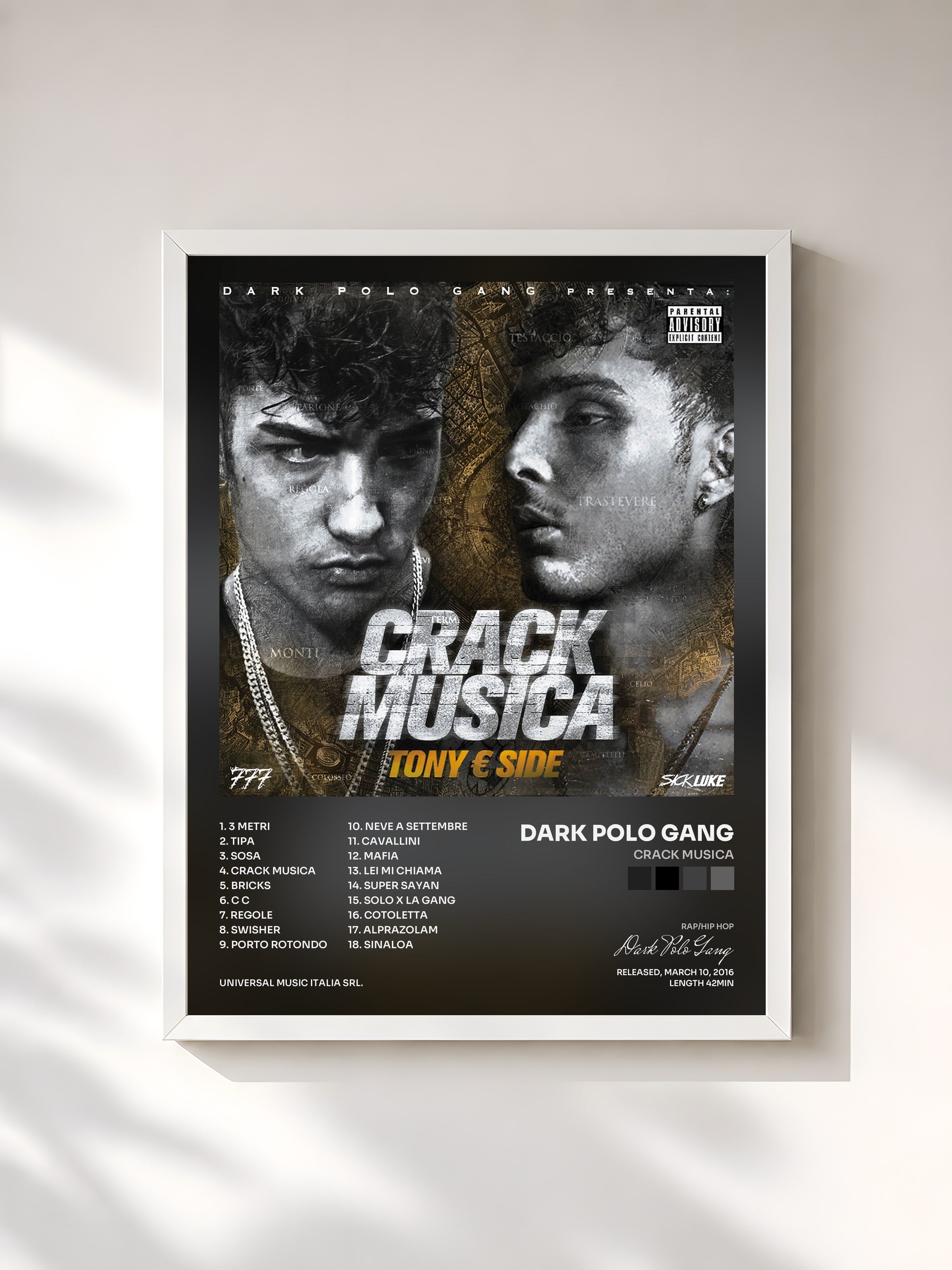 #blanc Tableau de l'album Crack Musica de Dark Polo Gang, cadre blanc, imprimé et encadré en France