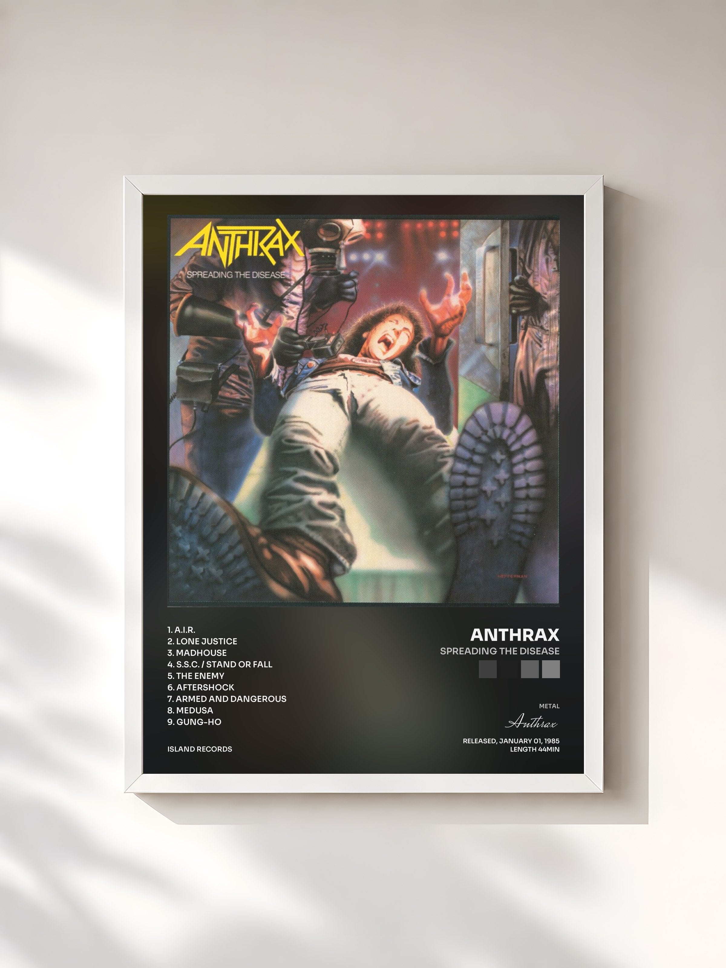 #blanc Tableau de l'album Spreading The Disease de Anthrax, cadre blanc, imprimé et encadré en France
