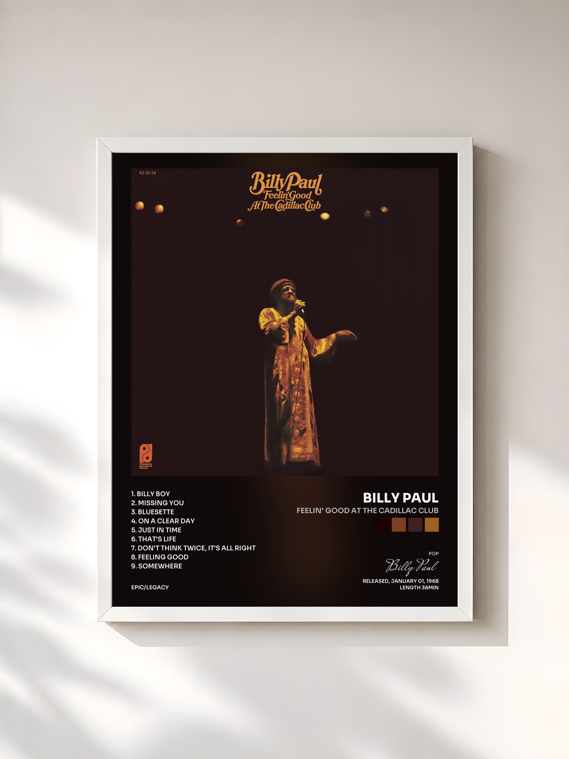 #blanc Tableau de l'album Feelin' Good at the Cadillac Club de Billy Paul, cadre blanc, imprimé et encadré en France