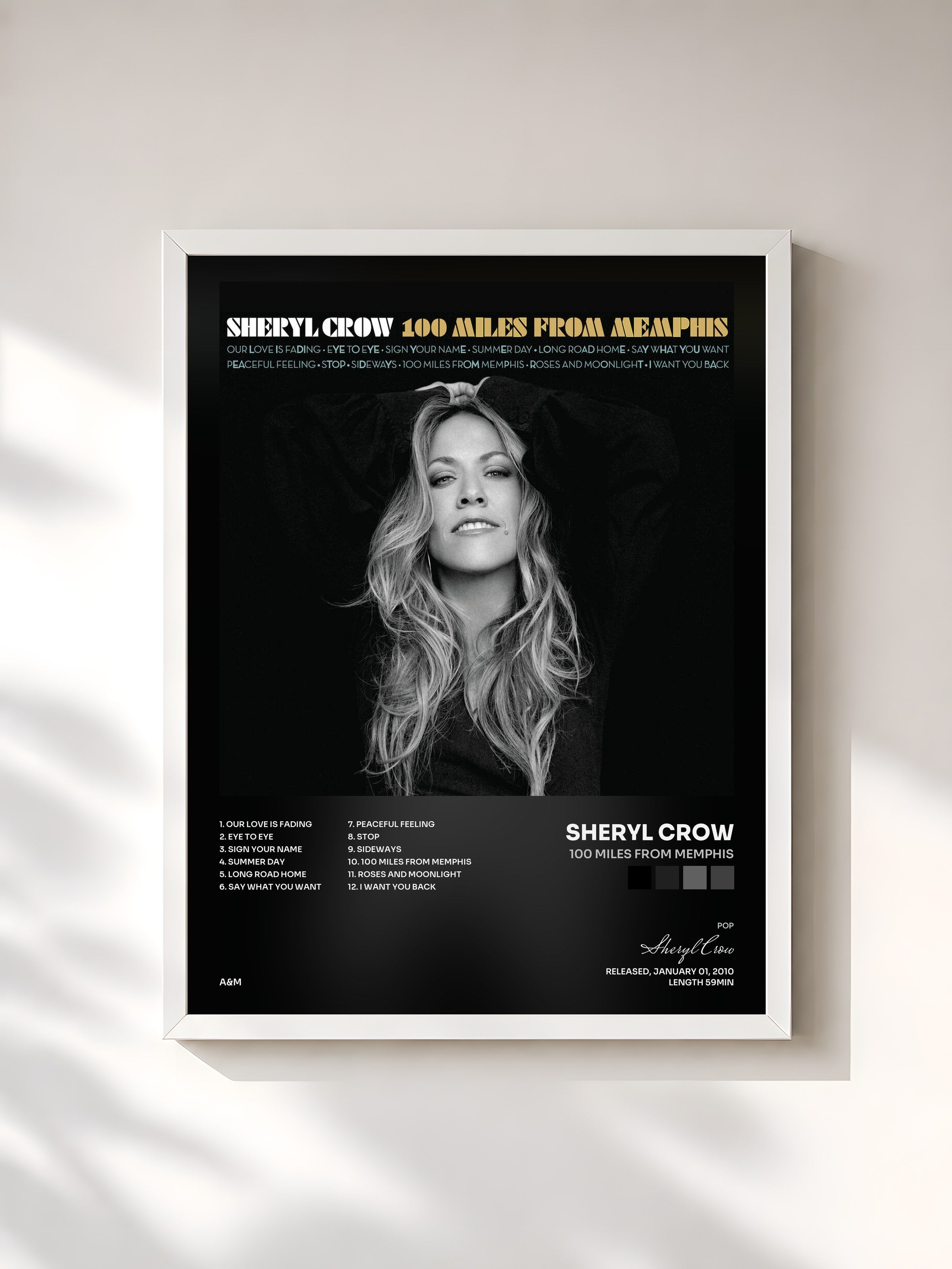 #blanc Tableau de l'album 100 Miles From Memphis de Sheryl Crow, cadre blanc, imprimé et encadré en France