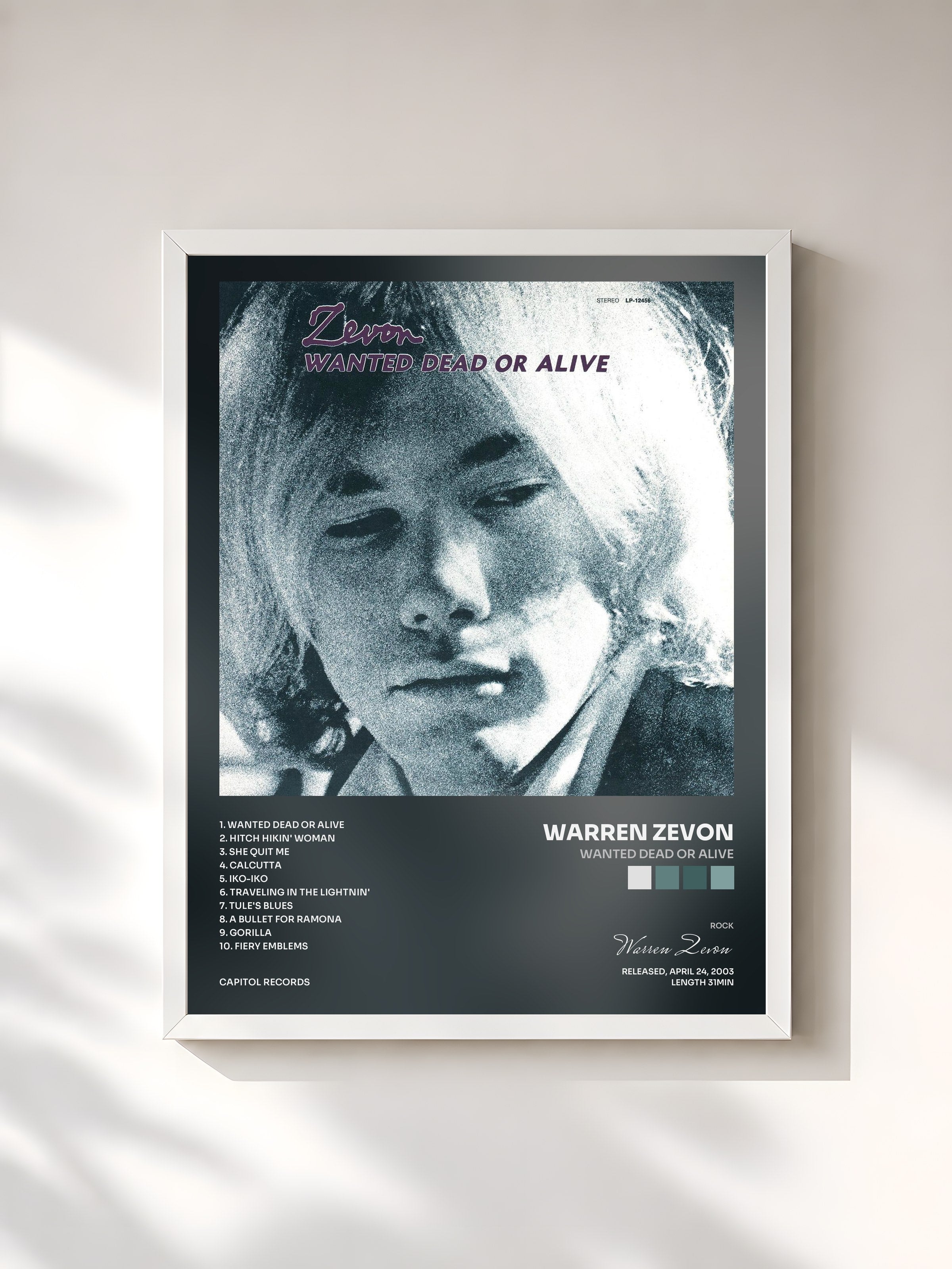 #blanc Tableau de l'album Wanted Dead Or Alive de Warren Zevon, cadre blanc, imprimé et encadré en France