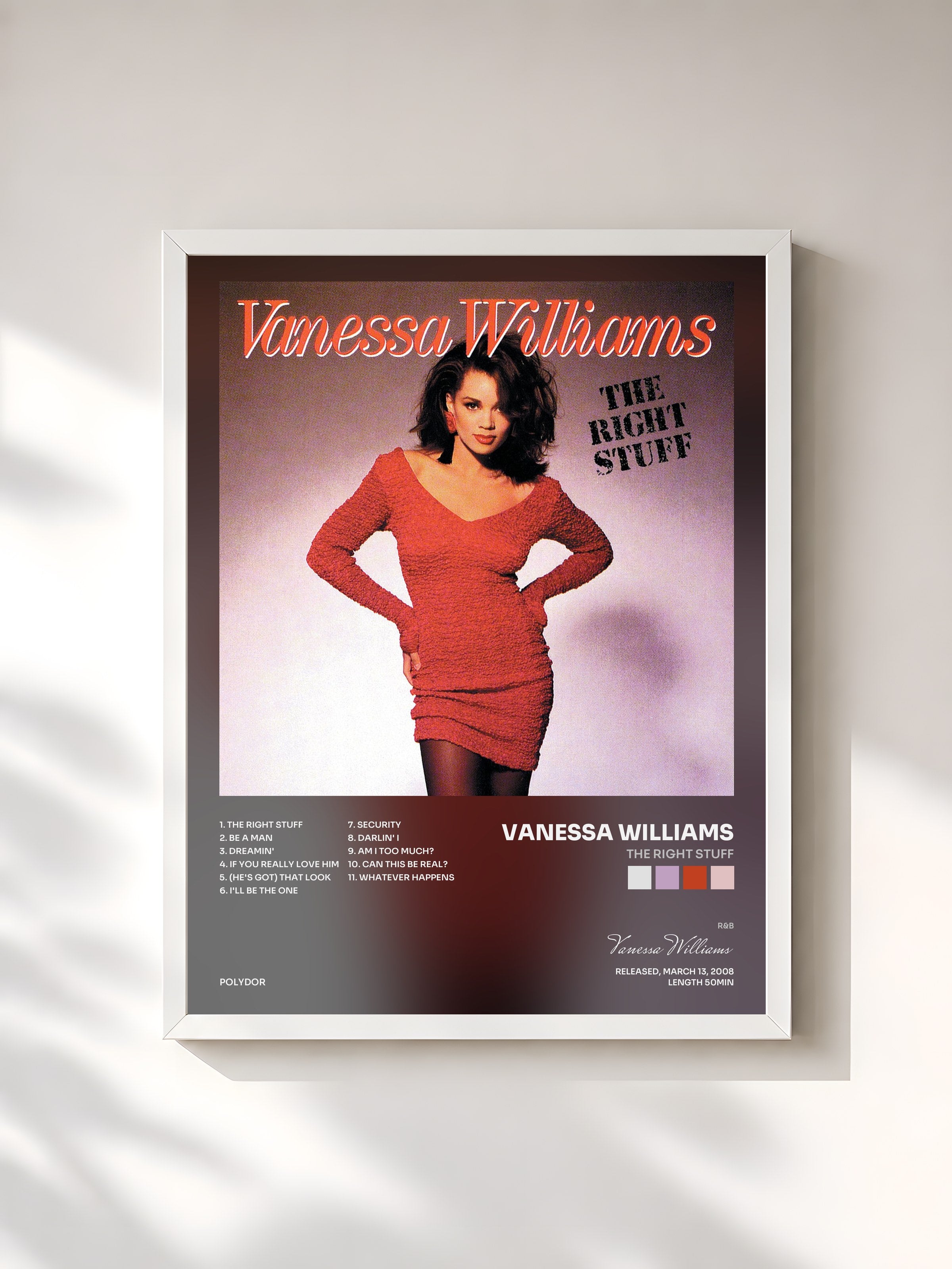 #blanc Tableau de l'album The Right Stuff de Vanessa Williams, cadre blanc, imprimé et encadré en France