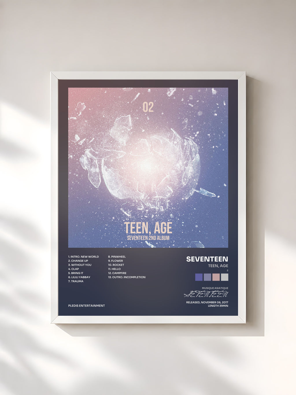 #blanc Tableau de l'album TEEN, AGE (2) de SEVENTEEN, cadre blanc, imprimé et encadré en France