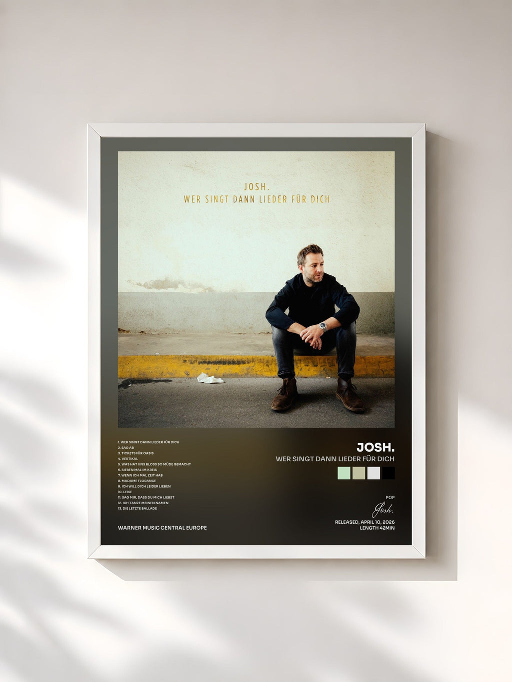 #blanc Tableau de l'album Wer singt dann Lieder für dich de Josh., cadre blanc, imprimé et encadré en France