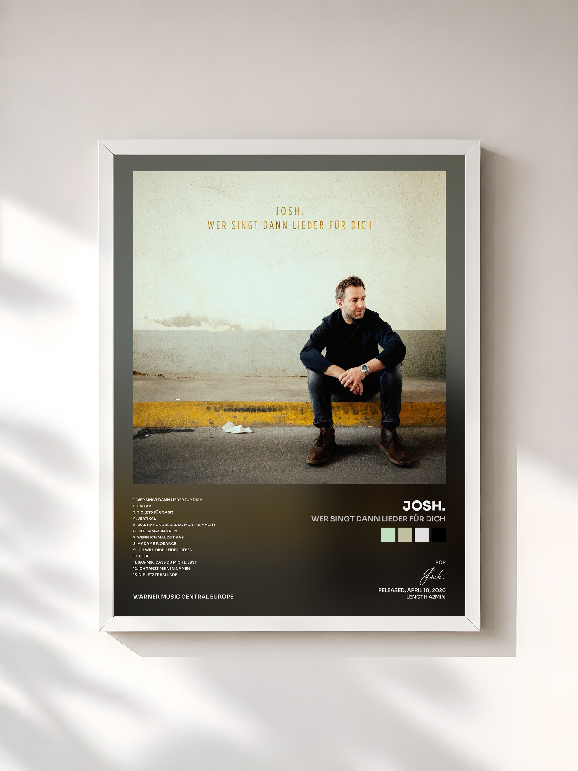 #blanc Tableau de l'album Wer singt dann Lieder für dich de Josh., cadre blanc, imprimé et encadré en France