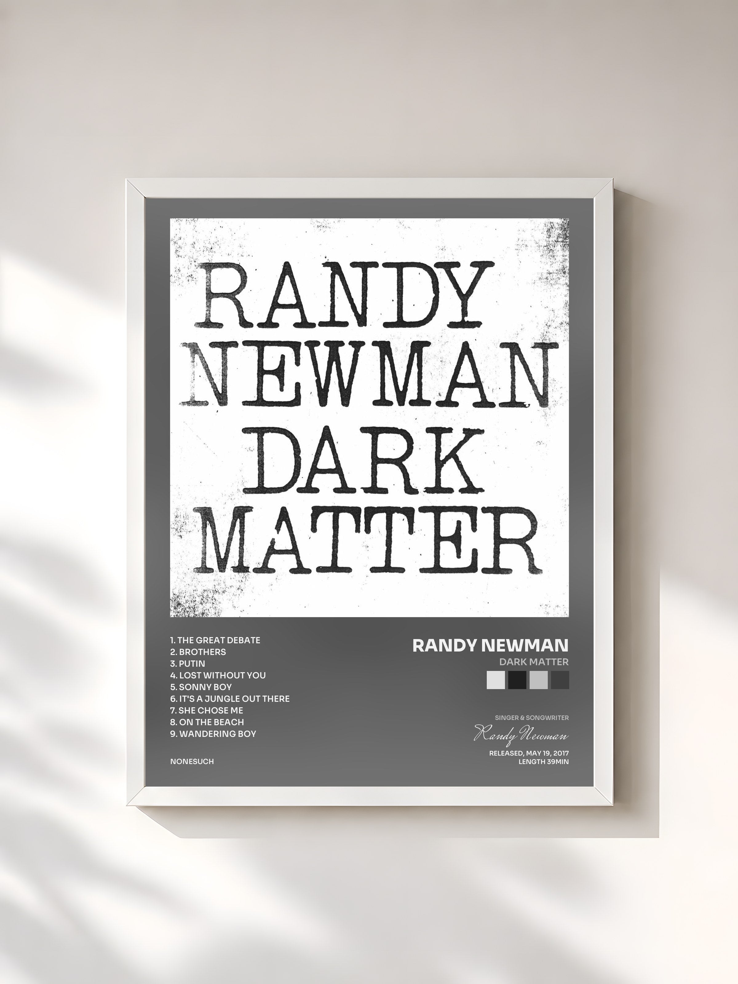 #blanc Tableau de l'album Dark Matter de Randy Newman, cadre blanc, imprimé et encadré en France