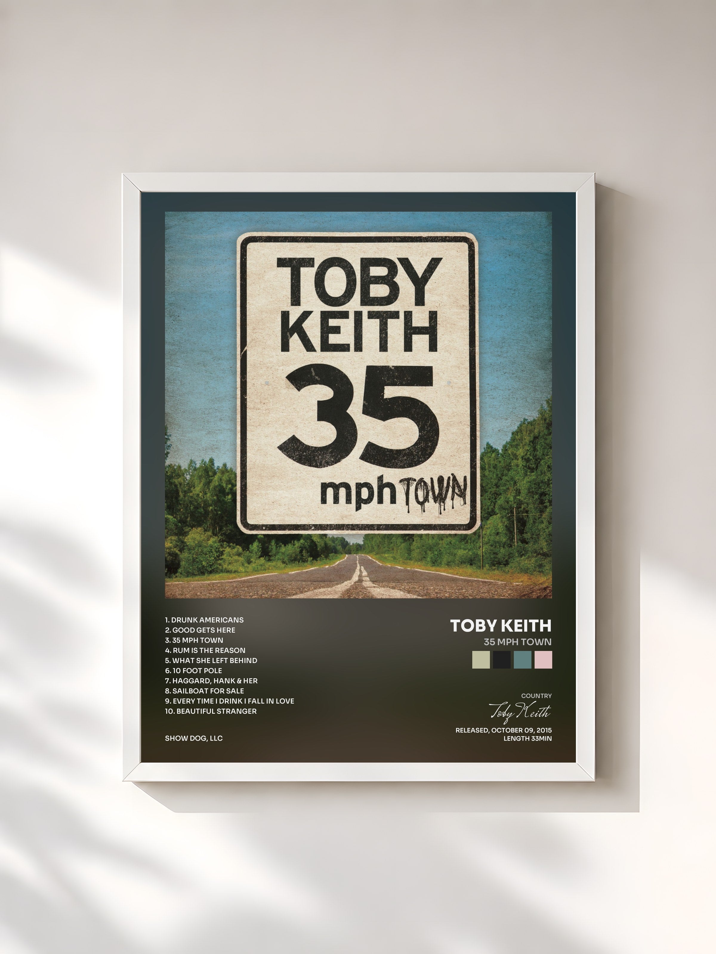 #blanc Tableau de l'album 35 mph Town de Toby Keith, cadre blanc, imprimé et encadré en France