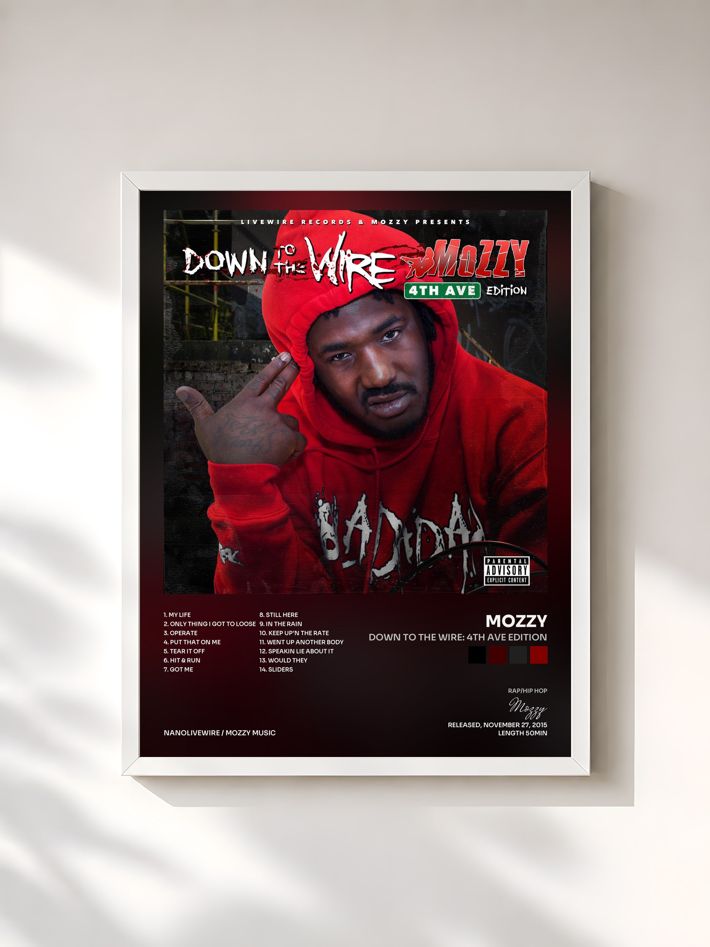 #blanc Tableau de l'album Down to the Wire: 4th Ave Edition de Mozzy, cadre blanc, imprimé et encadré en France