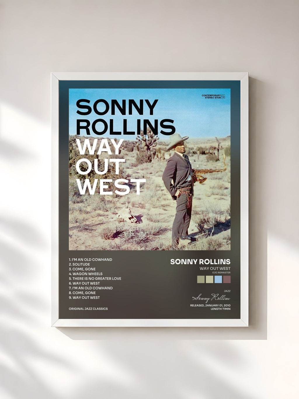 #blanc Way Out West (OJC Remaster) de Sonny Rollins en lámina enmarcada, marco blanco, impresa y enmarcada en Francia