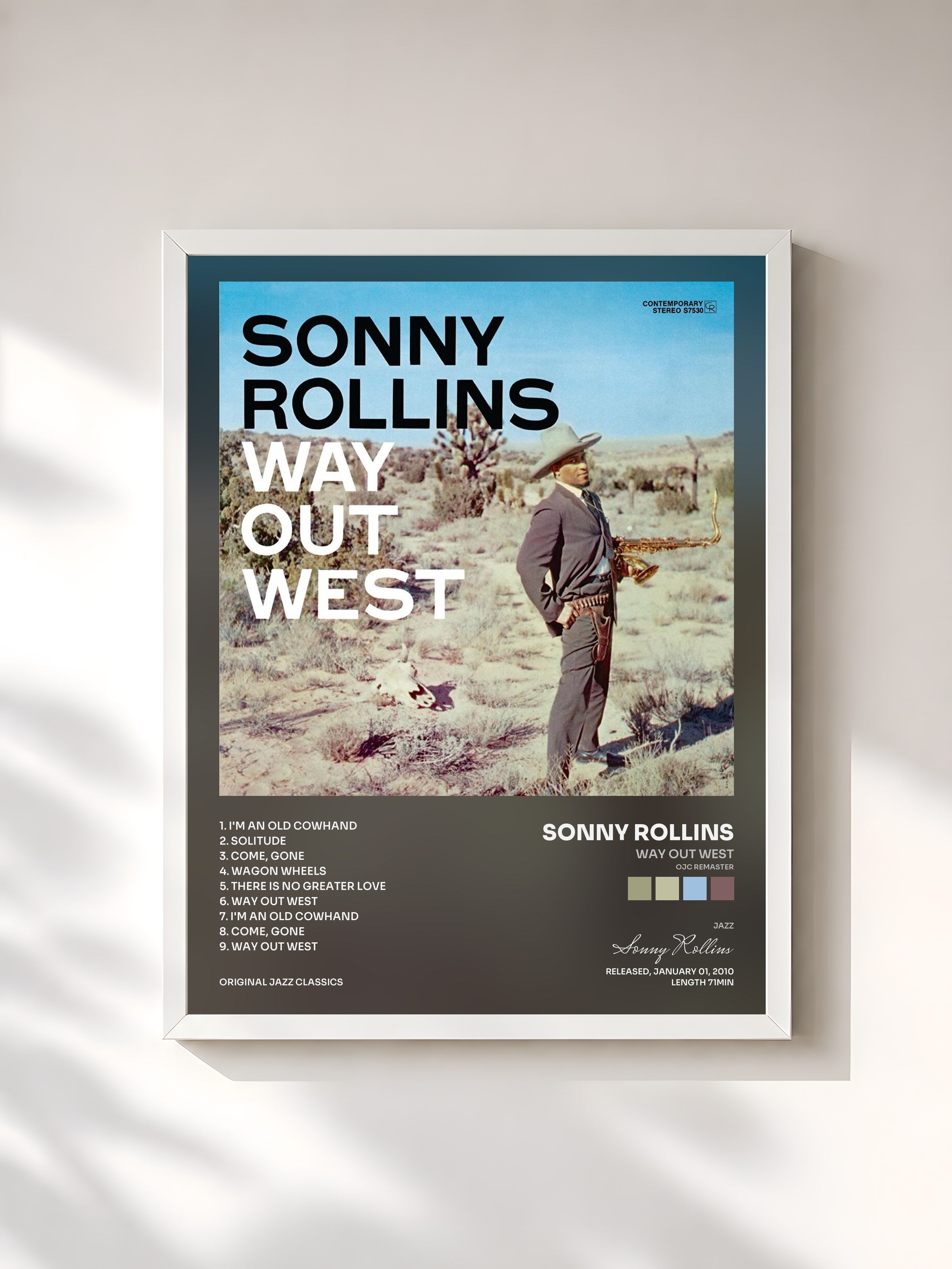 #blanc Tableau de l'album Way Out West (OJC Remaster) de Sonny Rollins, cadre blanc, imprimé et encadré en France