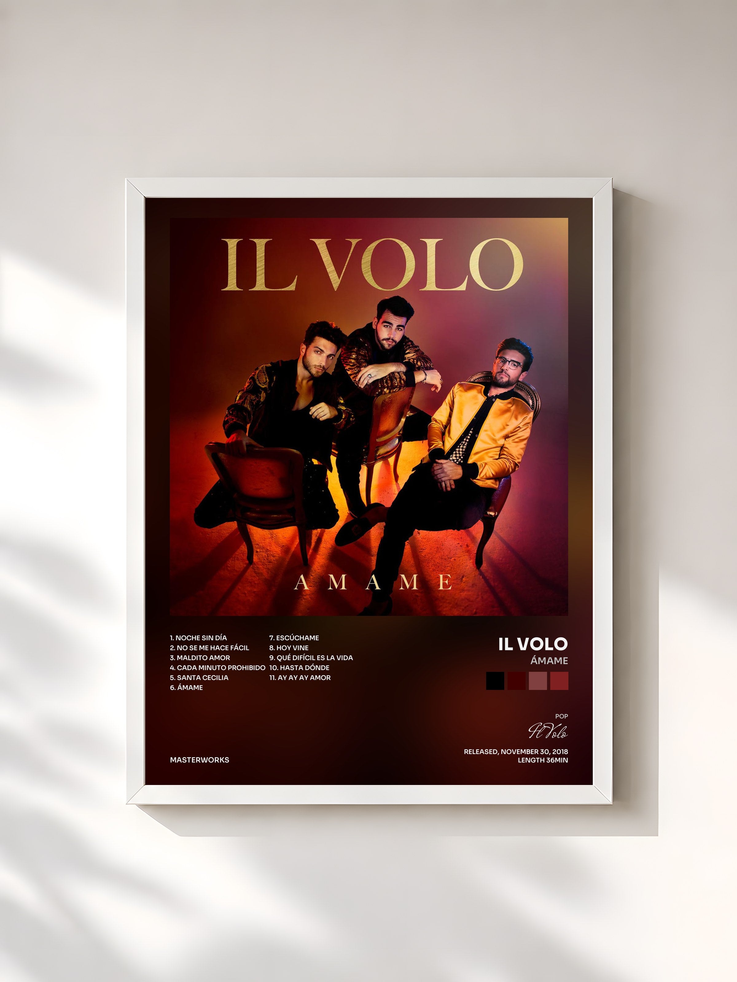 #blanc Tableau de l'album Ámame de Il Volo, cadre blanc, imprimé et encadré en France