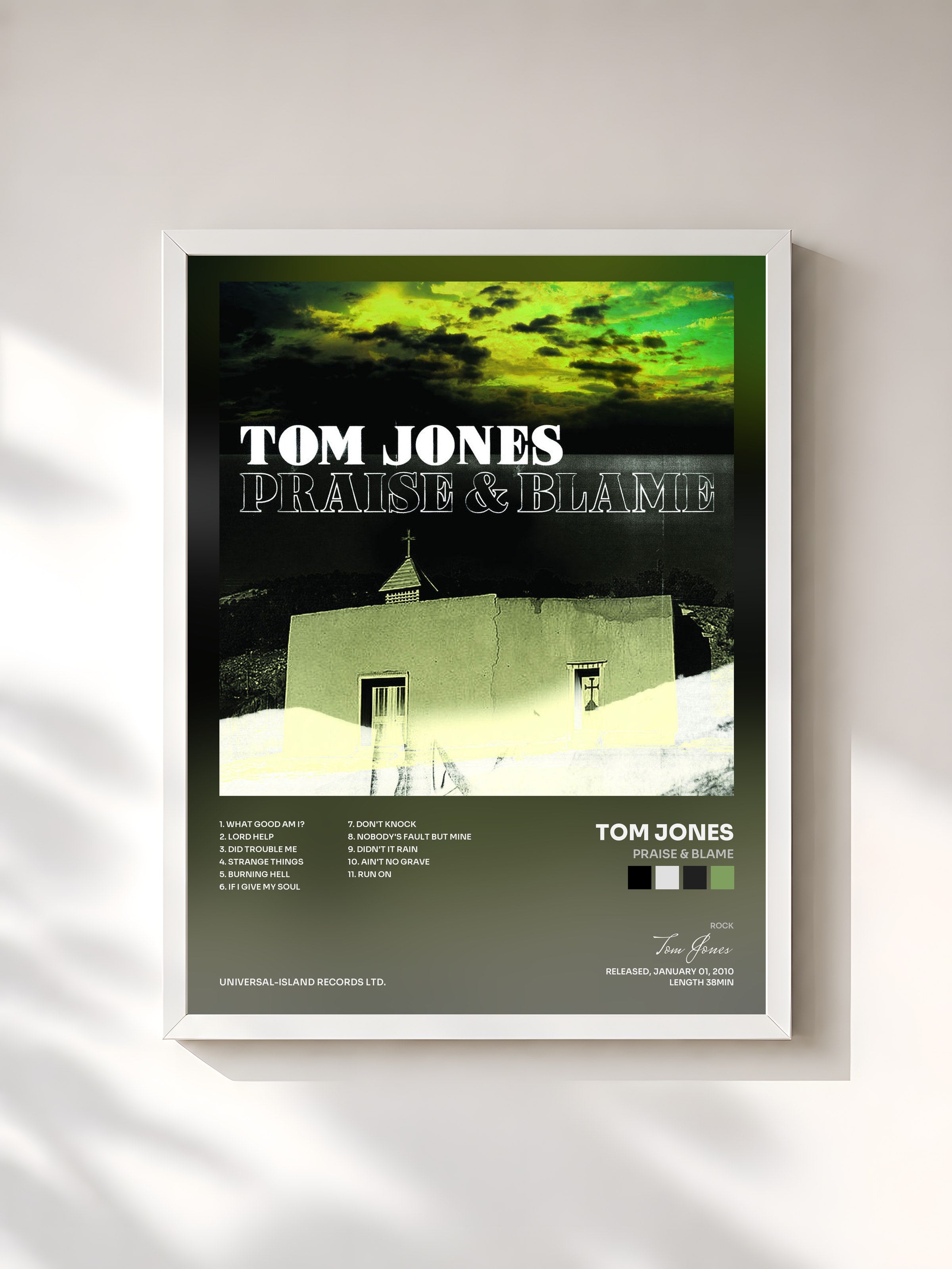 #blanc Tableau de l'album Praise & Blame de Tom Jones, cadre blanc, imprimé et encadré en France