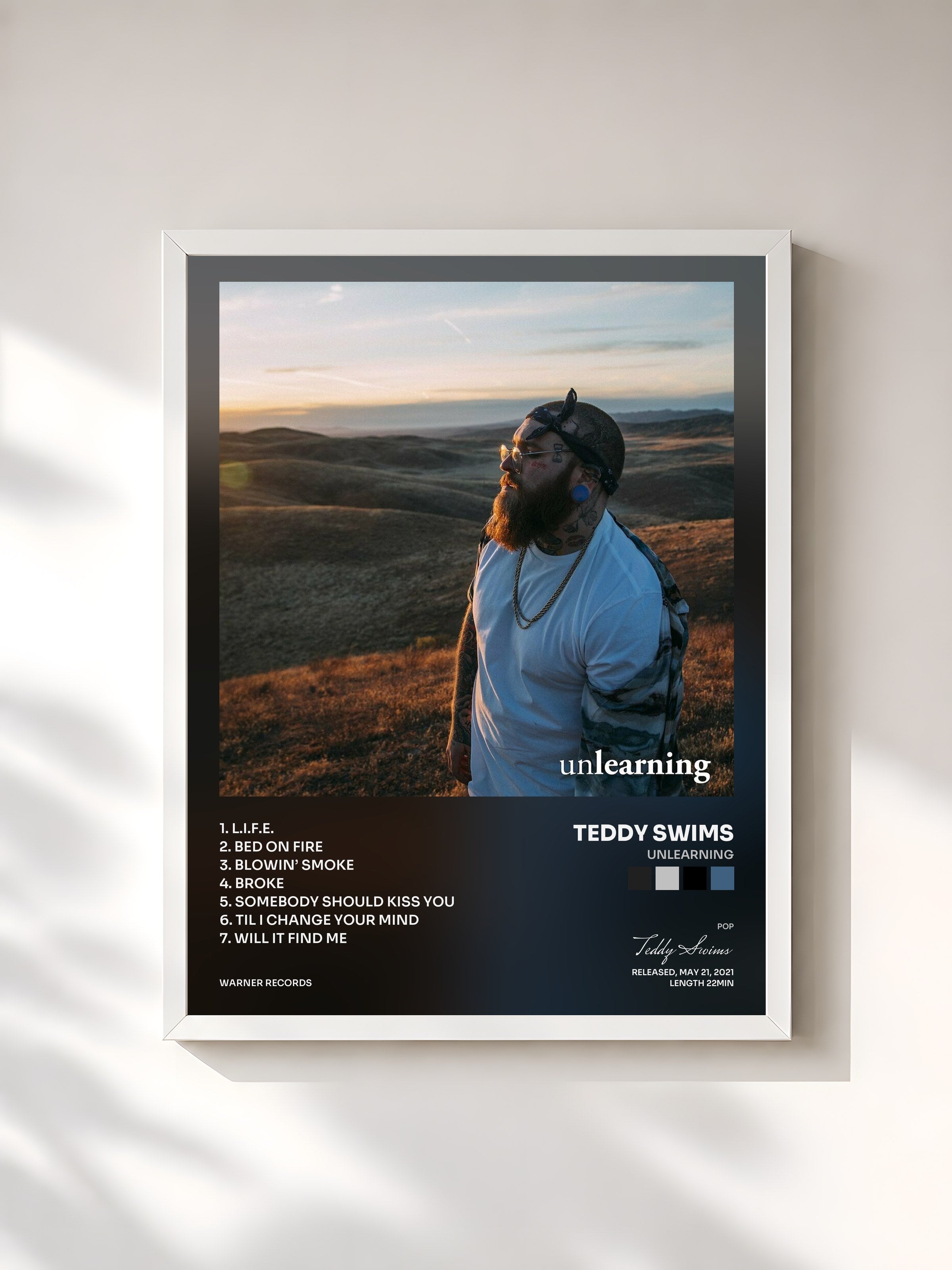 #blanc Tableau de l'album Unlearning de Teddy Swims, cadre blanc, imprimé et encadré en France