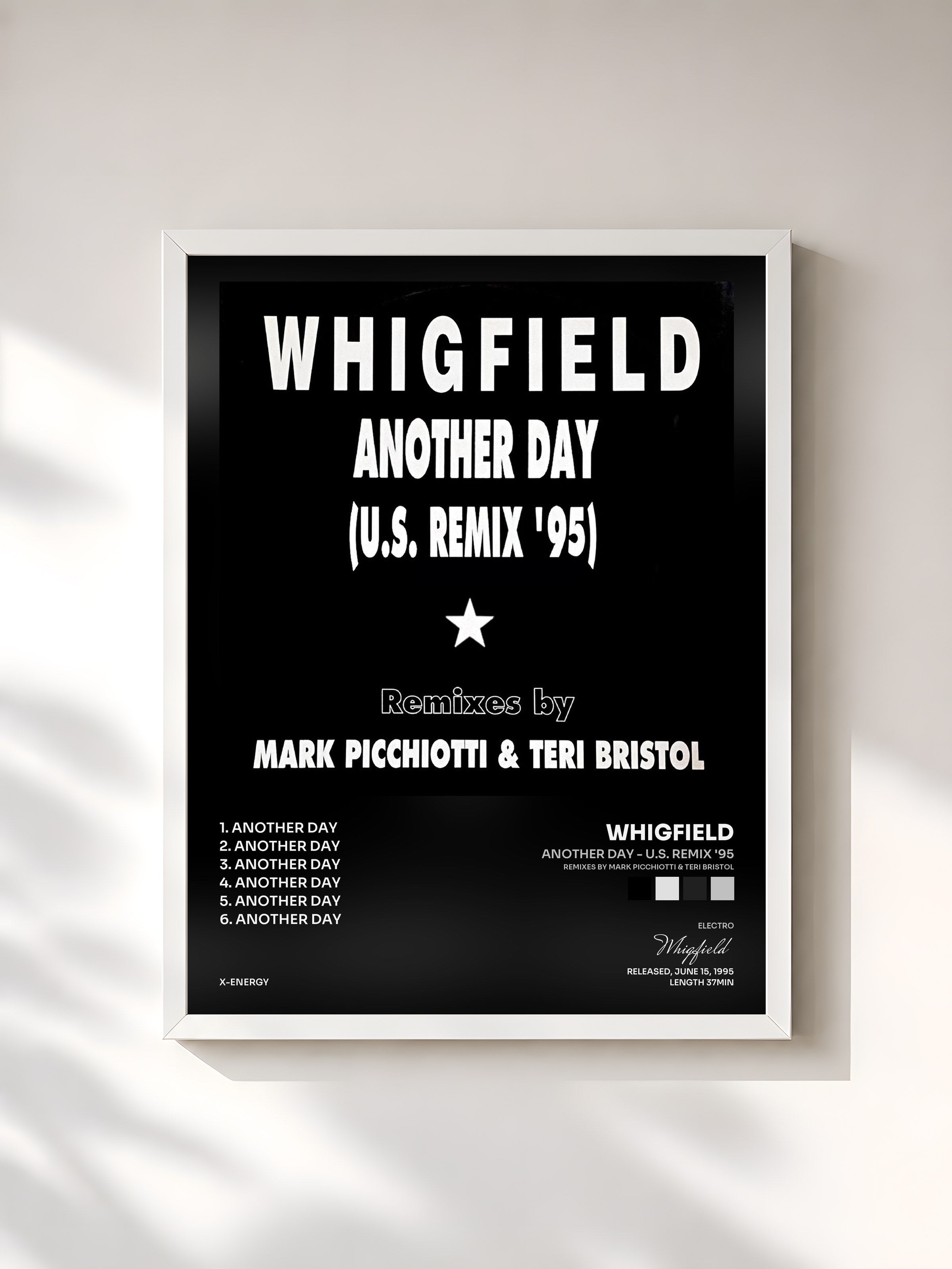 #blanc Tableau de l'album Another Day - U.S. Remix '95 (Remixes by Mark Picchiotti & Teri Bristol) de Whigfield, cadre blanc, imprimé et encadré en France