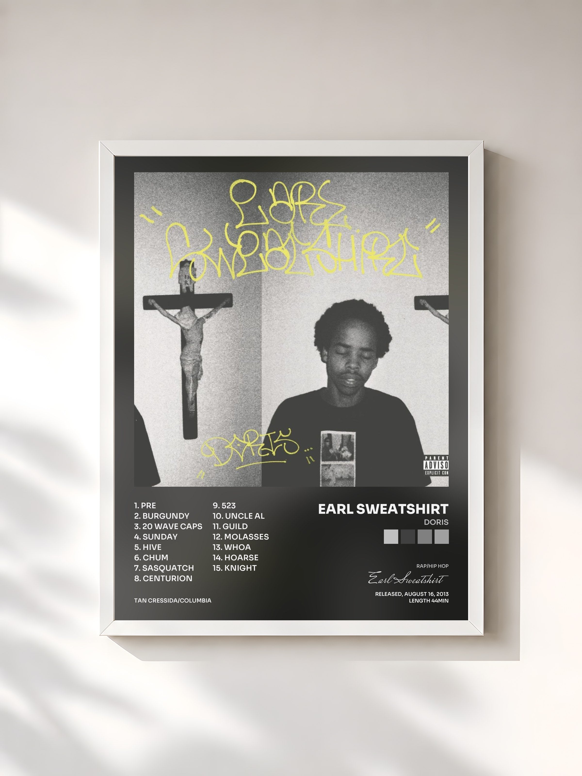 #blanc Tableau de l'album Doris de Earl Sweatshirt, cadre blanc, imprimé et encadré en France