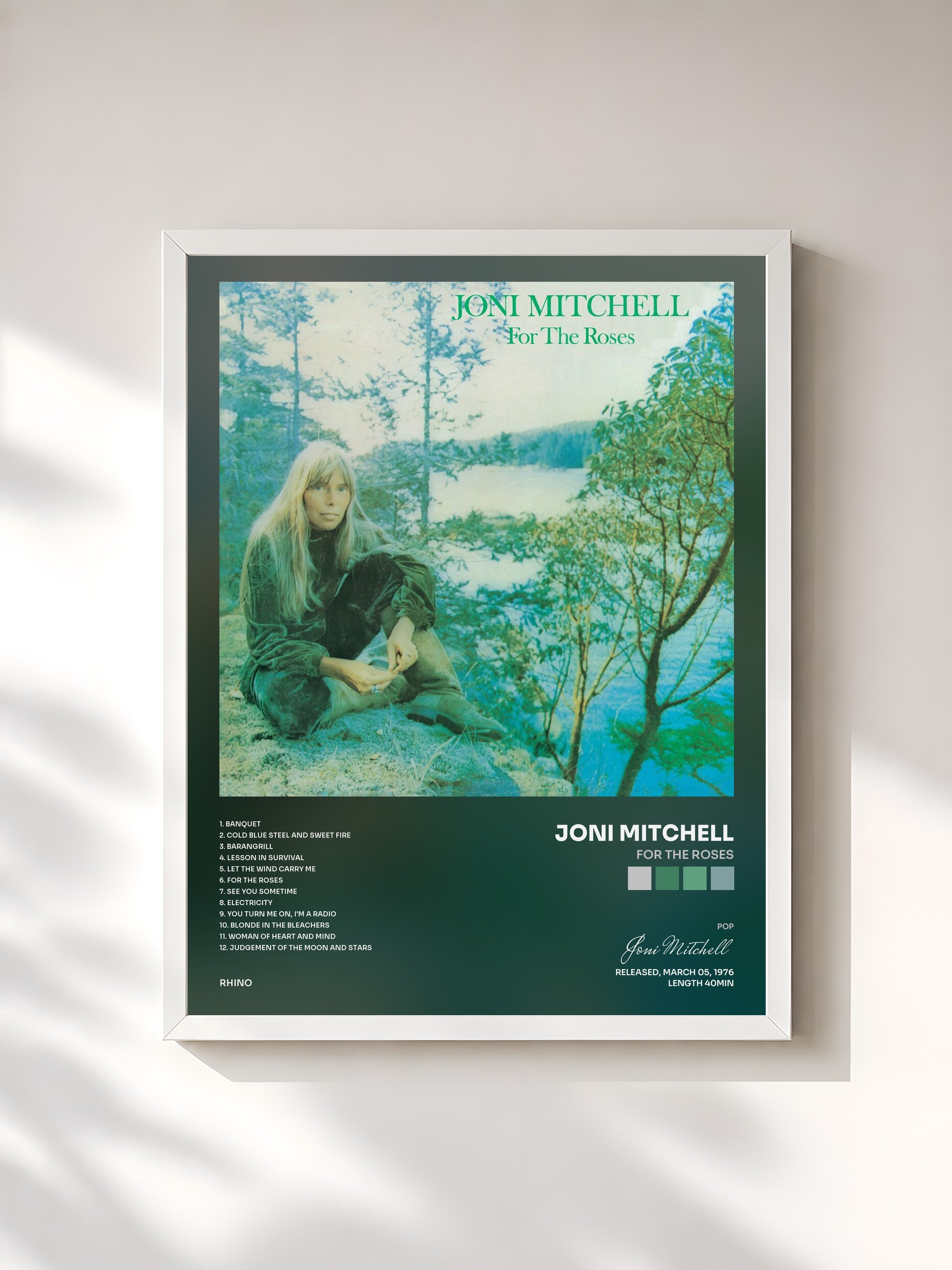 #blanc Tableau de l'album For the Roses de Joni Mitchell, cadre blanc, imprimé et encadré en France