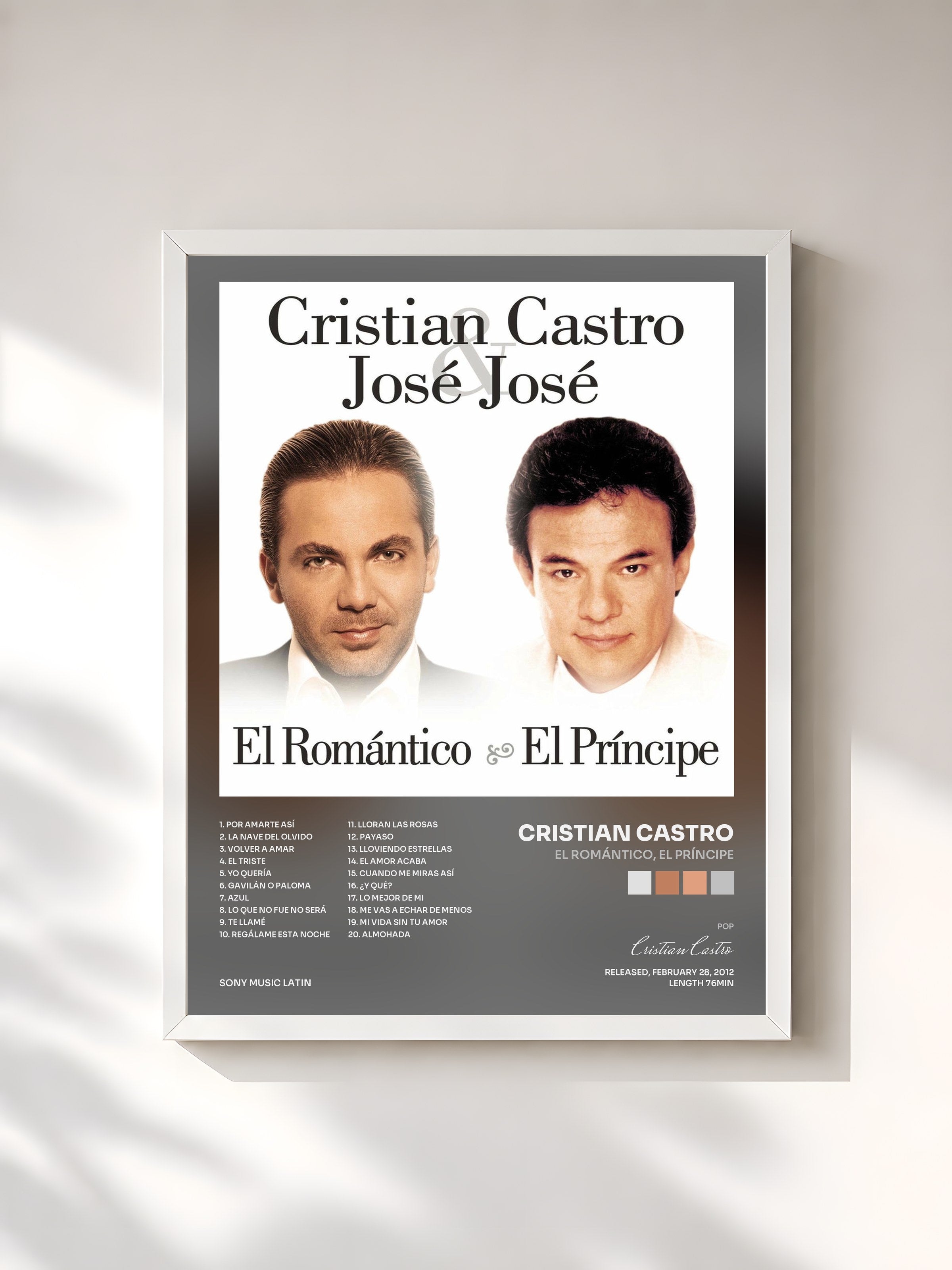 #blanc Tableau de l'album El Romántico, El Príncipe de Cristian Castro, cadre blanc, imprimé et encadré en France