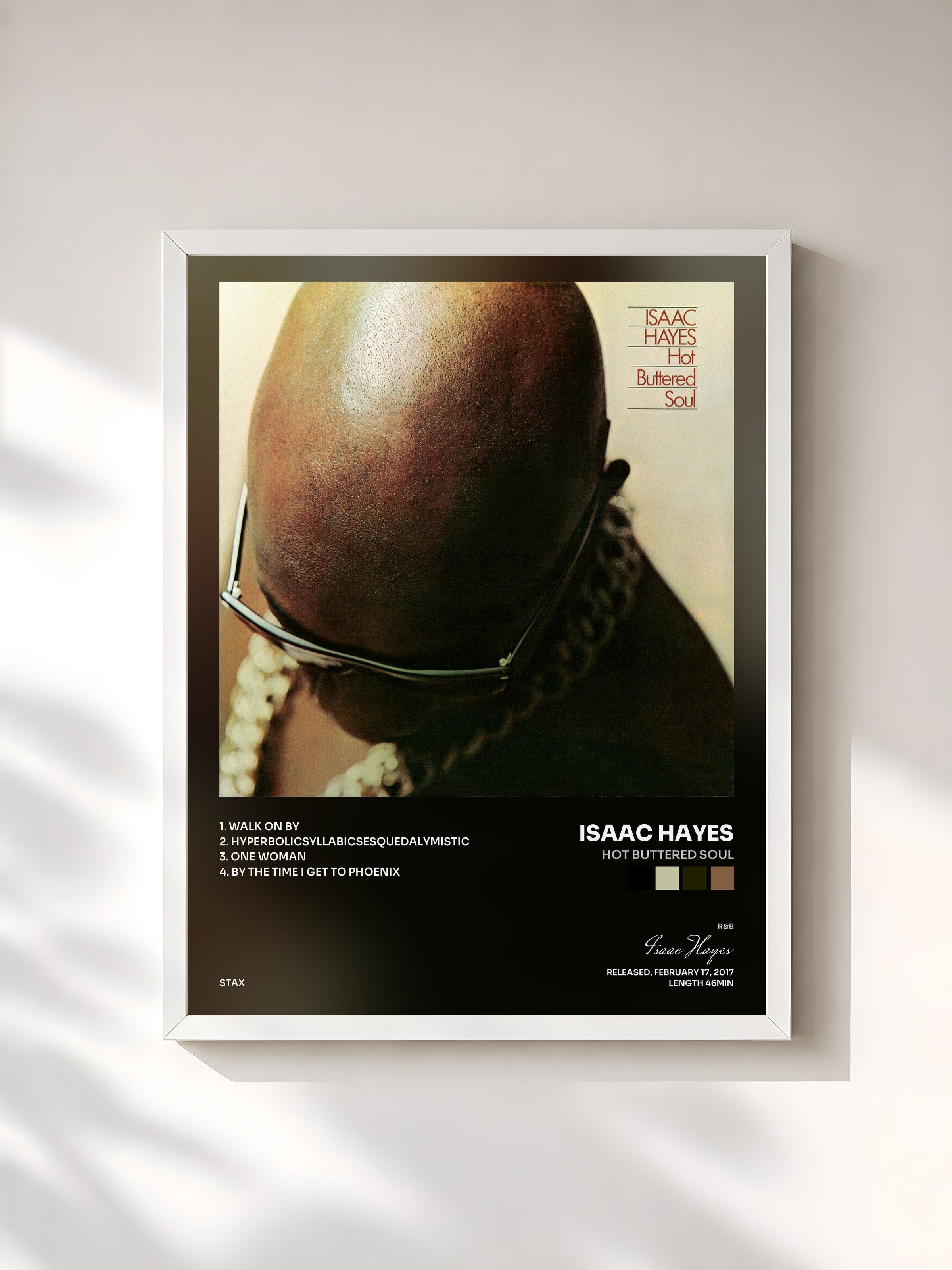 #blanc Tableau de l'album Hot Buttered Soul de Isaac Hayes, cadre blanc, imprimé et encadré en France