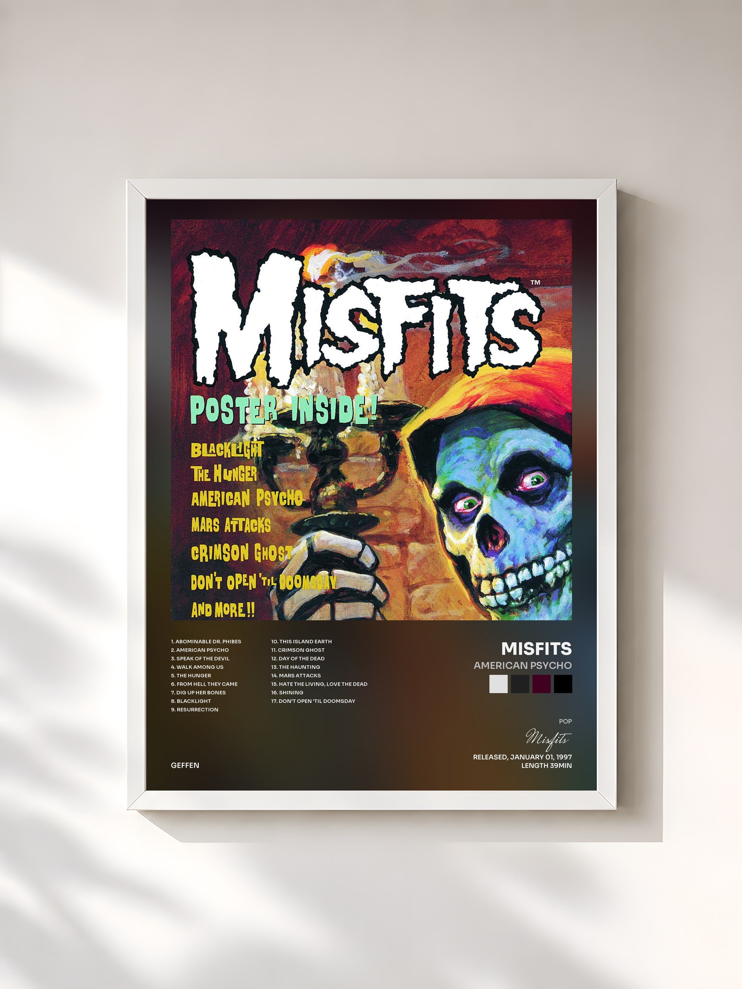 #blanc Tableau de l'album American Psycho de Misfits, cadre blanc, imprimé et encadré en France