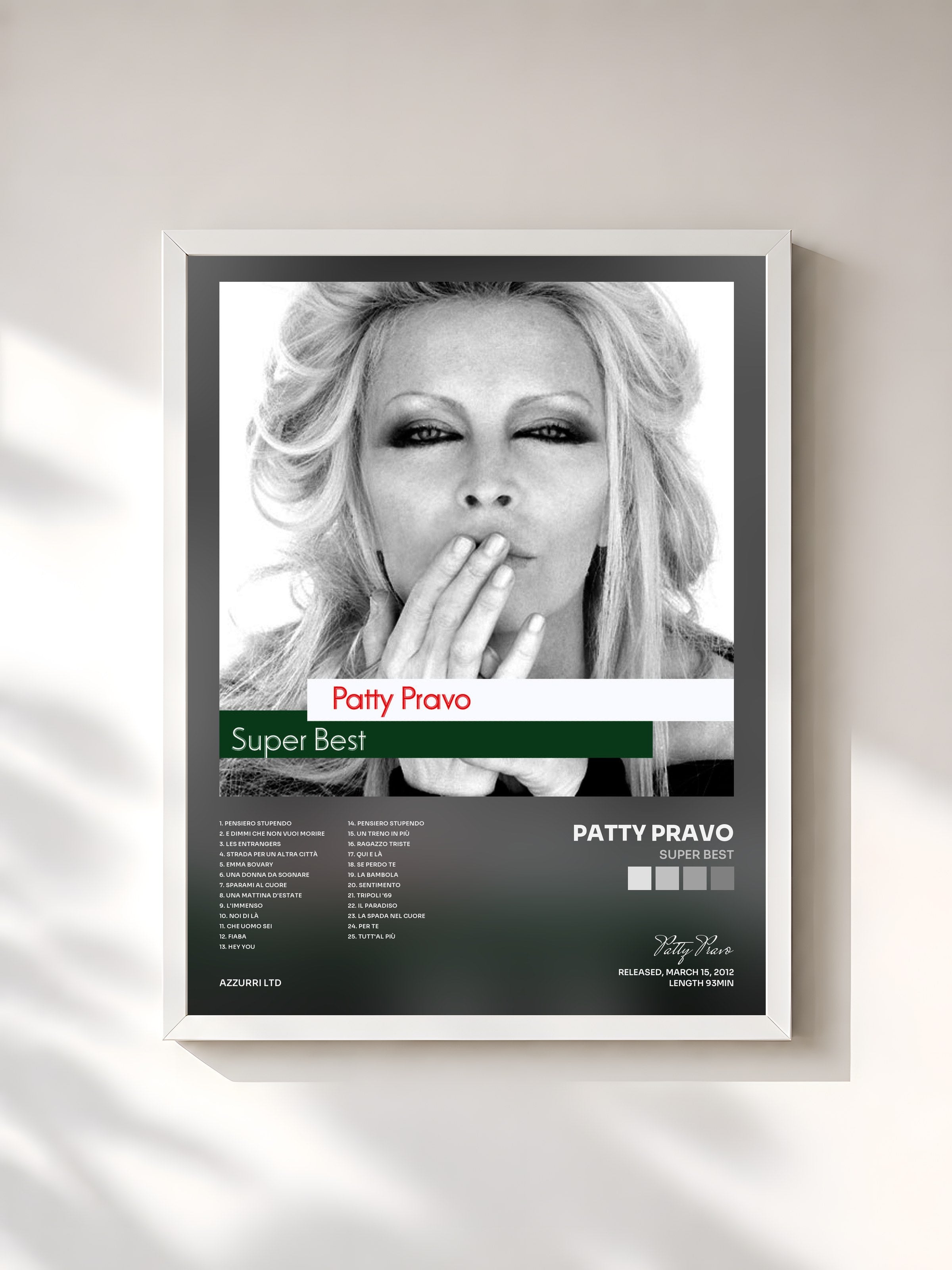 #blanc Tableau de l'album Super Best de Patty Pravo, cadre blanc, imprimé et encadré en France