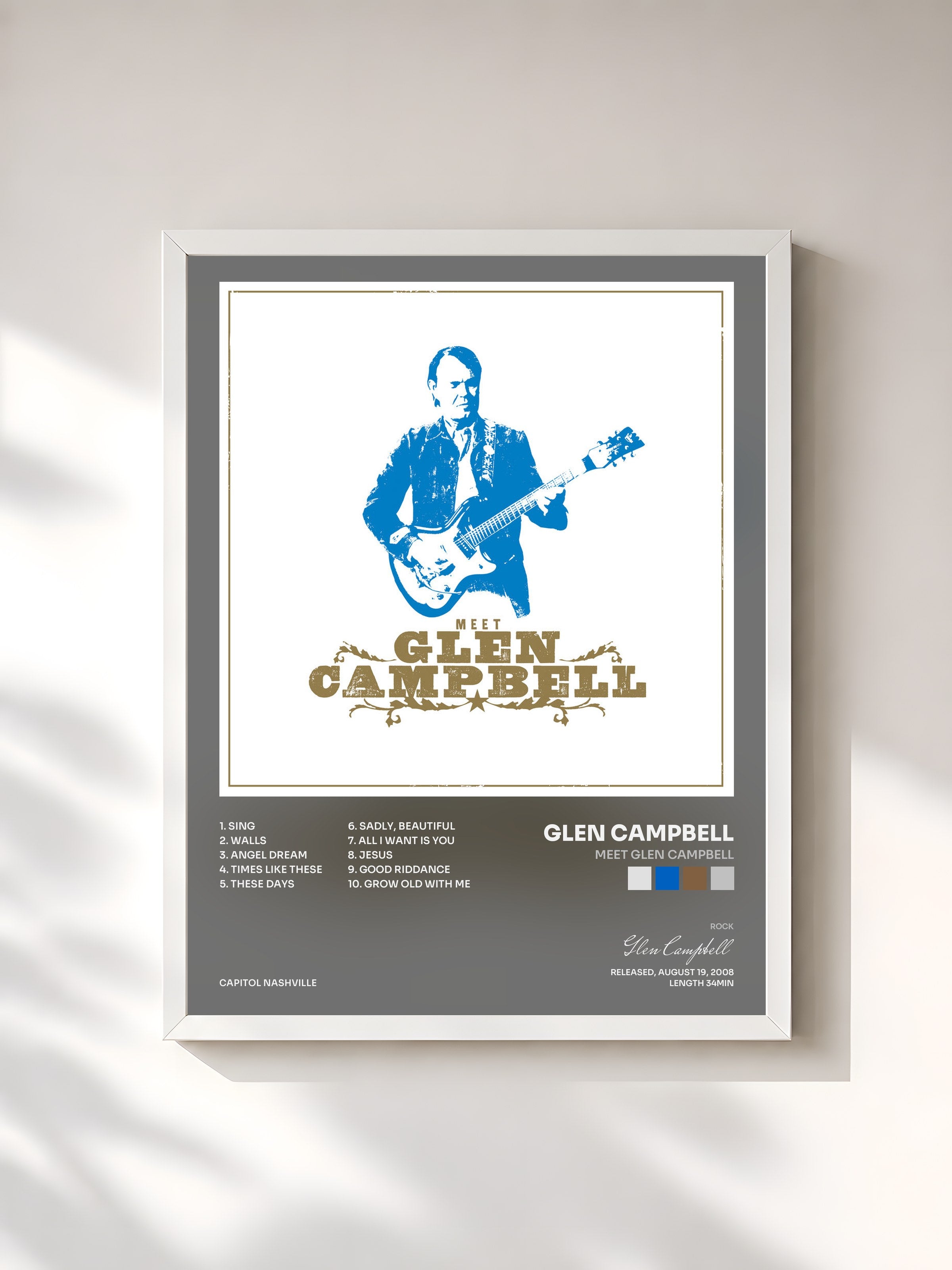 #blanc Tableau de l'album Meet Glen Campbell de Glen Campbell, cadre blanc, imprimé et encadré en France