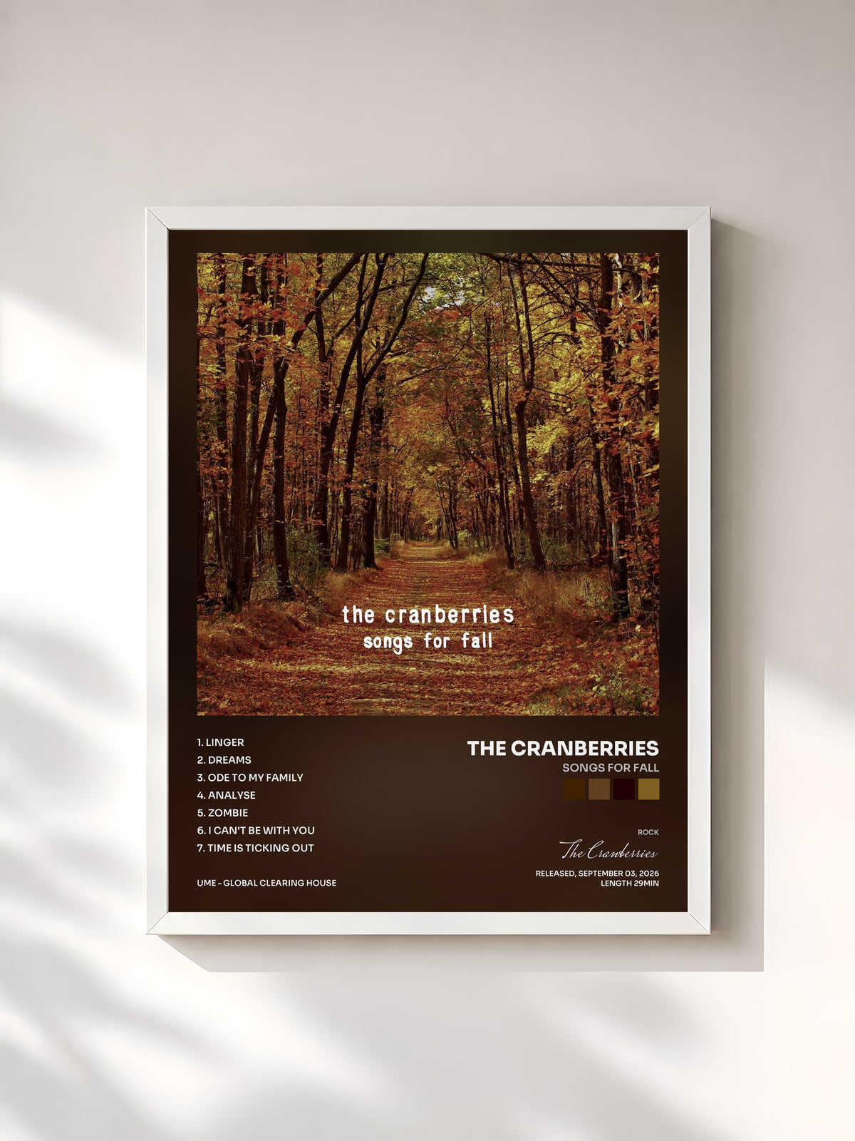 #blanc Tableau de l'album Songs For Fall de The Cranberries, cadre blanc, imprimé et encadré en France