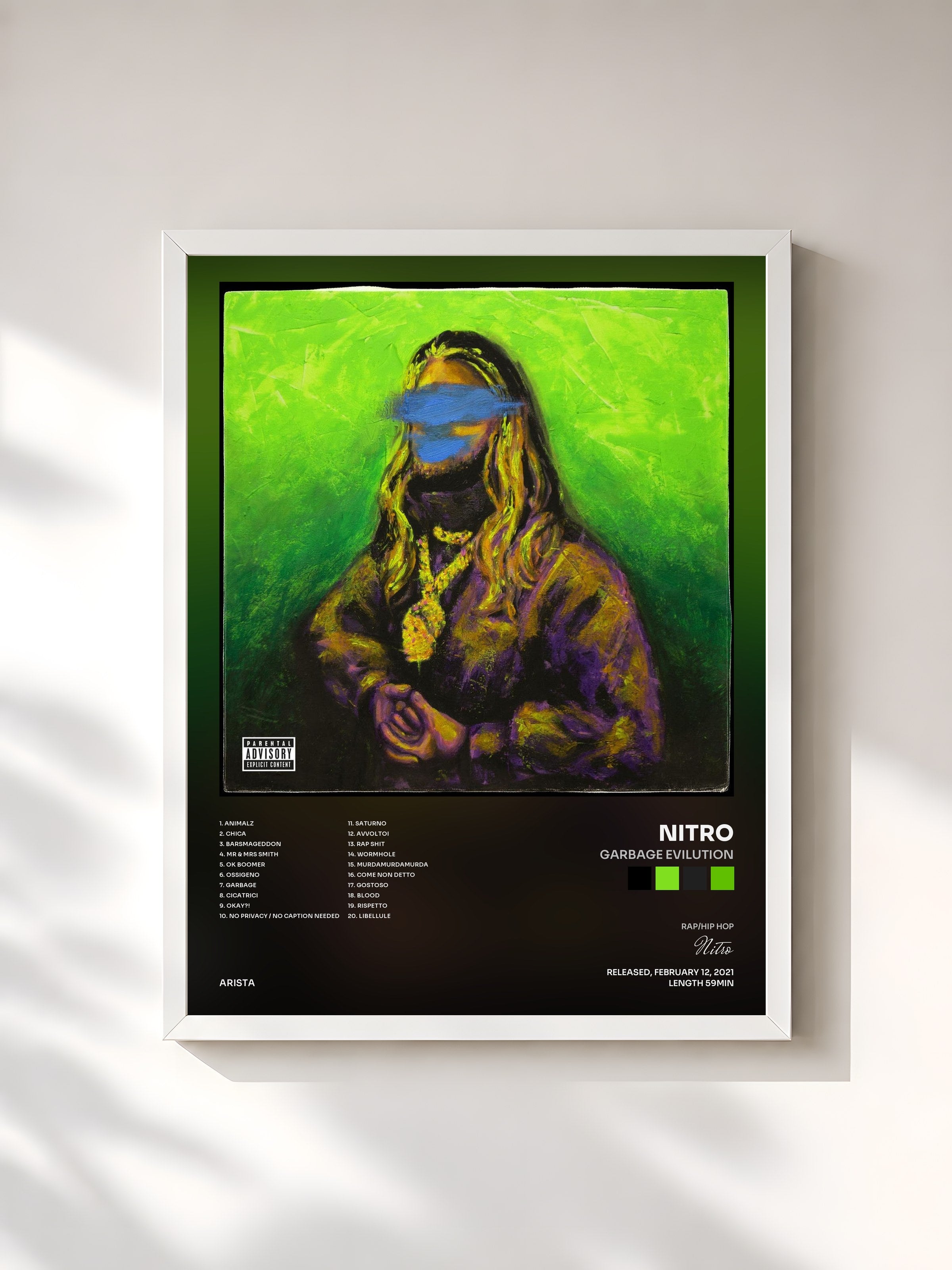 #blanc Tableau de l'album GarbAge Evilution de Nitro, cadre blanc, imprimé et encadré en France