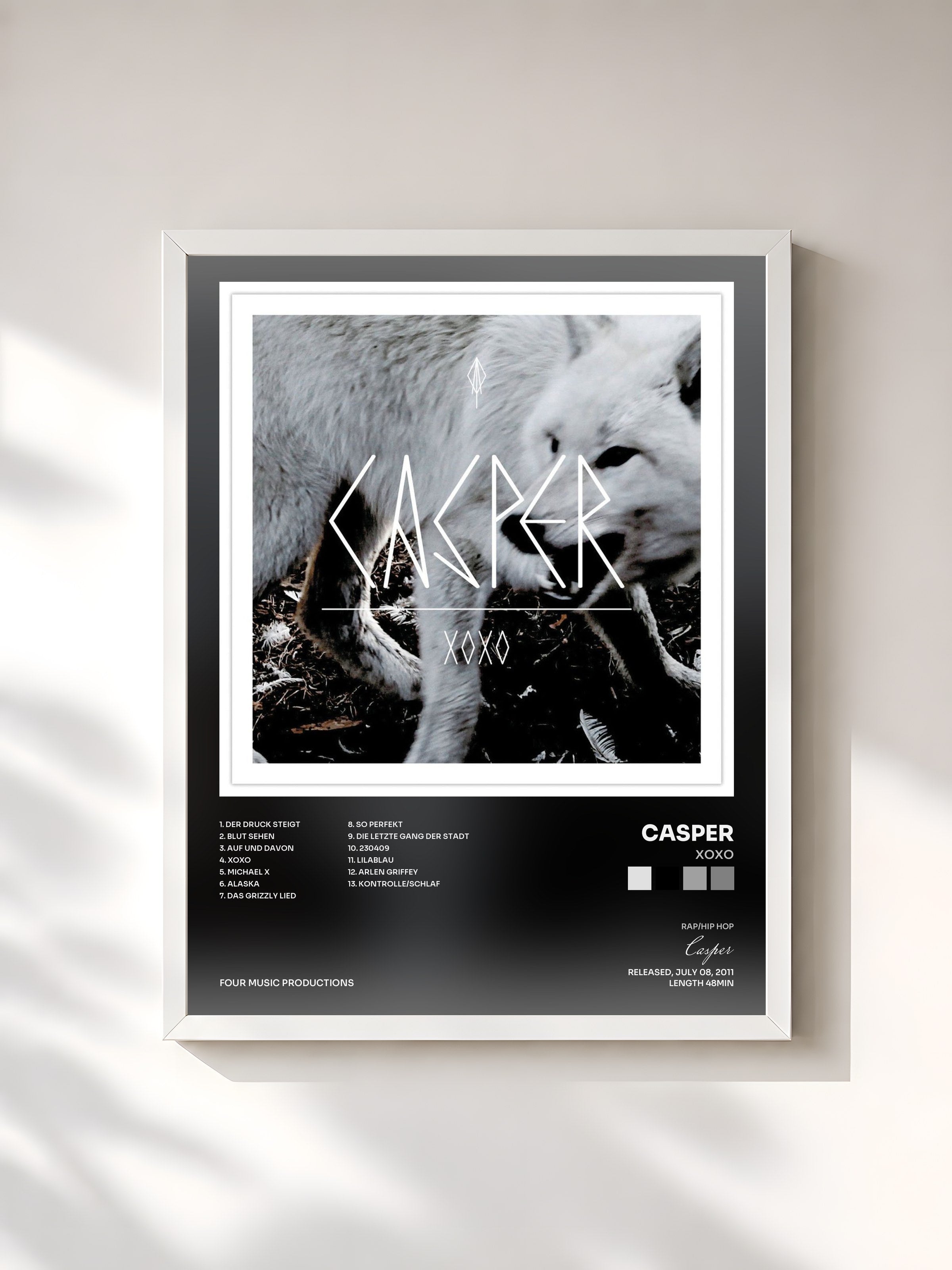 #blanc Tableau de l'album XOXO de Casper, cadre blanc, imprimé et encadré en France