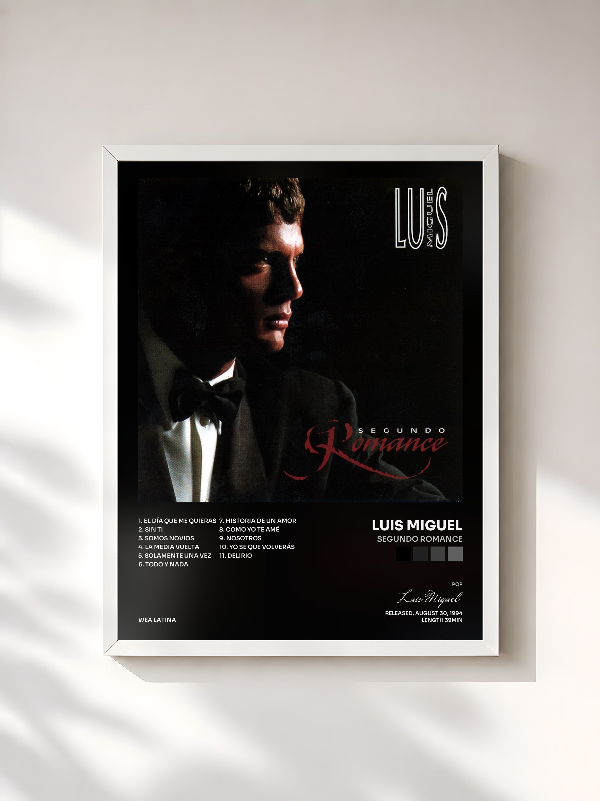 #blanc Tableau de l'album Segundo Romance de Luis Miguel, cadre blanc, imprimé et encadré en France