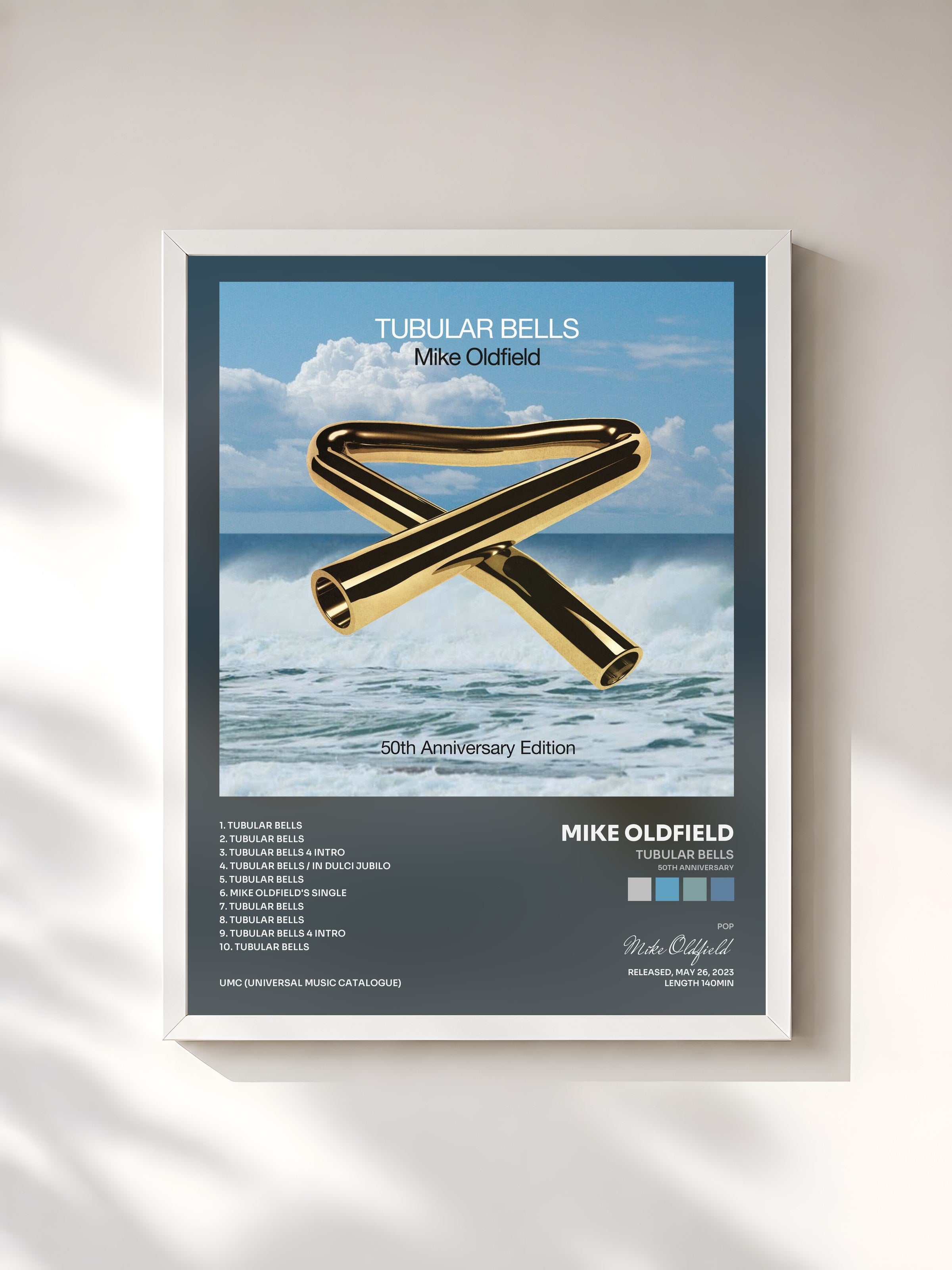 #blanc Tableau de l'album Tubular Bells (50th Anniversary) de Mike Oldfield, cadre blanc, imprimé et encadré en France