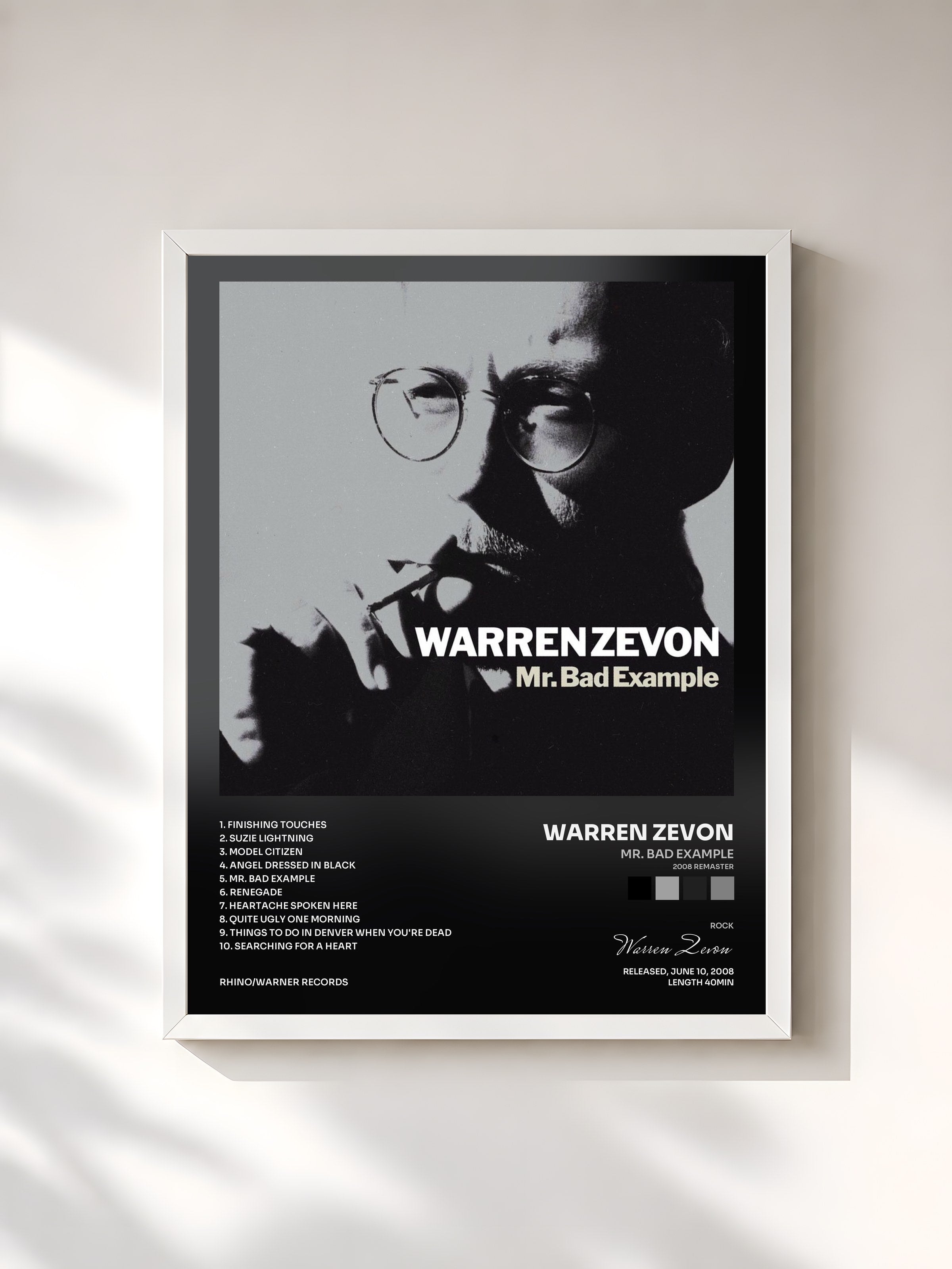 #blanc Tableau de l'album Mr. Bad Example (2008 Remaster) de Warren Zevon, cadre blanc, imprimé et encadré en France