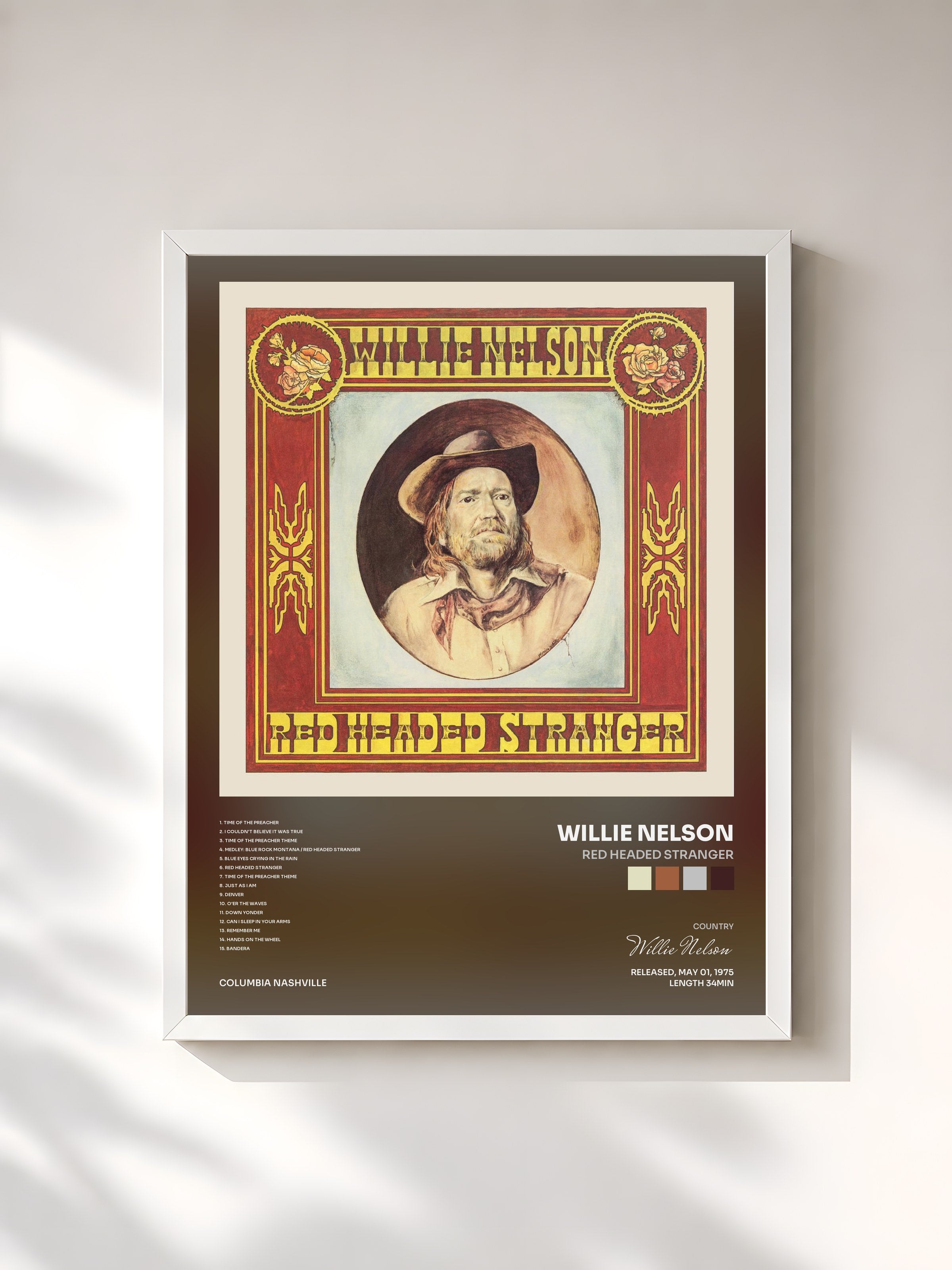 #blanc Tableau de l'album Red Headed Stranger de Willie Nelson, cadre blanc, imprimé et encadré en France