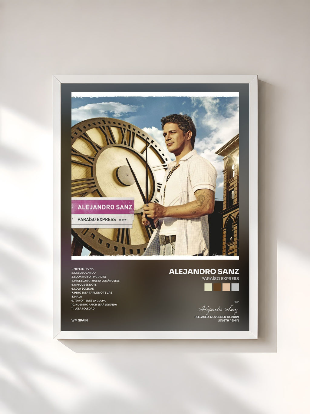 #blanc Tableau de l'album Paraíso Express de Alejandro Sanz, cadre blanc, imprimé et encadré en France