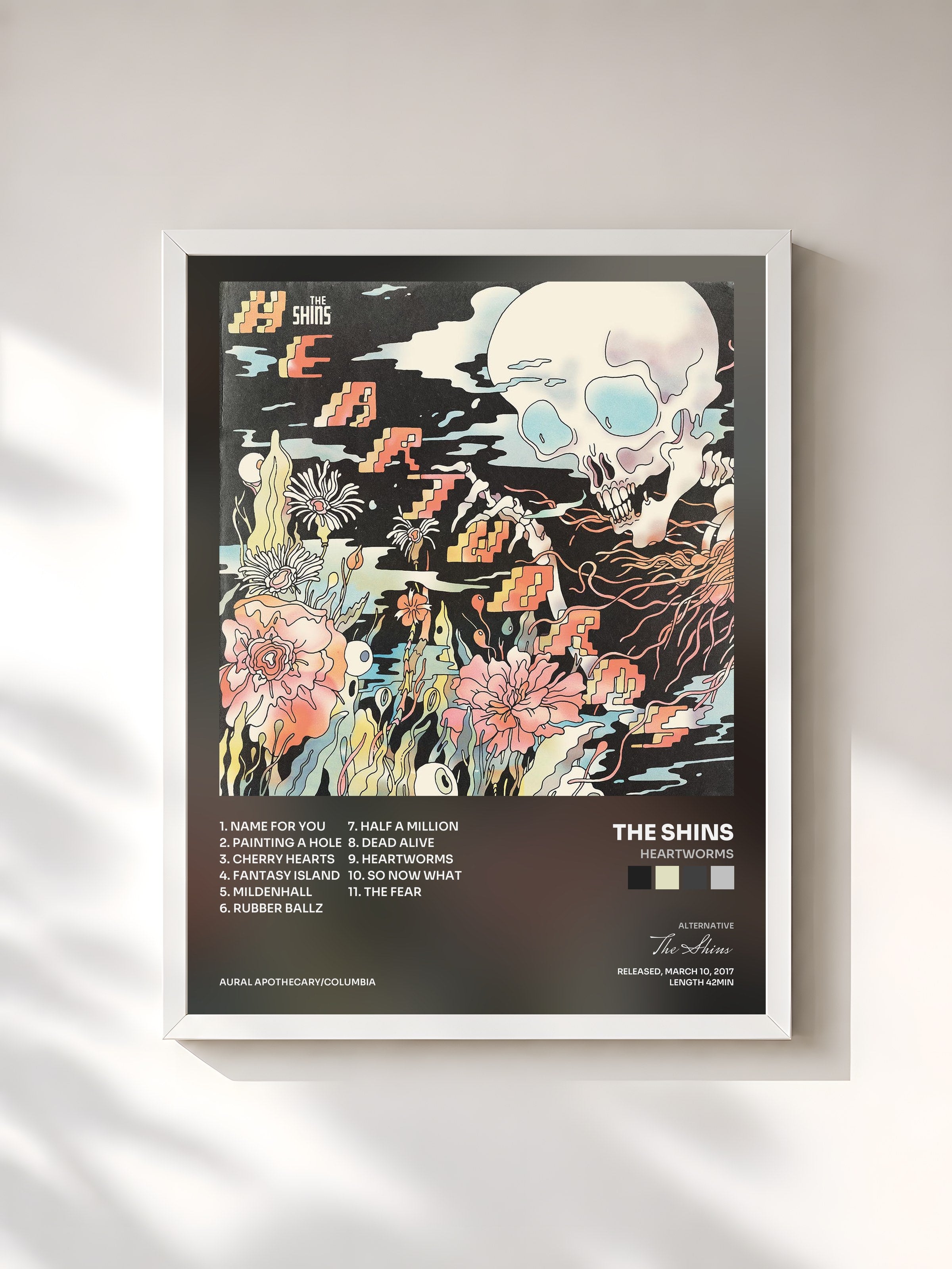 #blanc Tableau de l'album Heartworms de The Shins, cadre blanc, imprimé et encadré en France