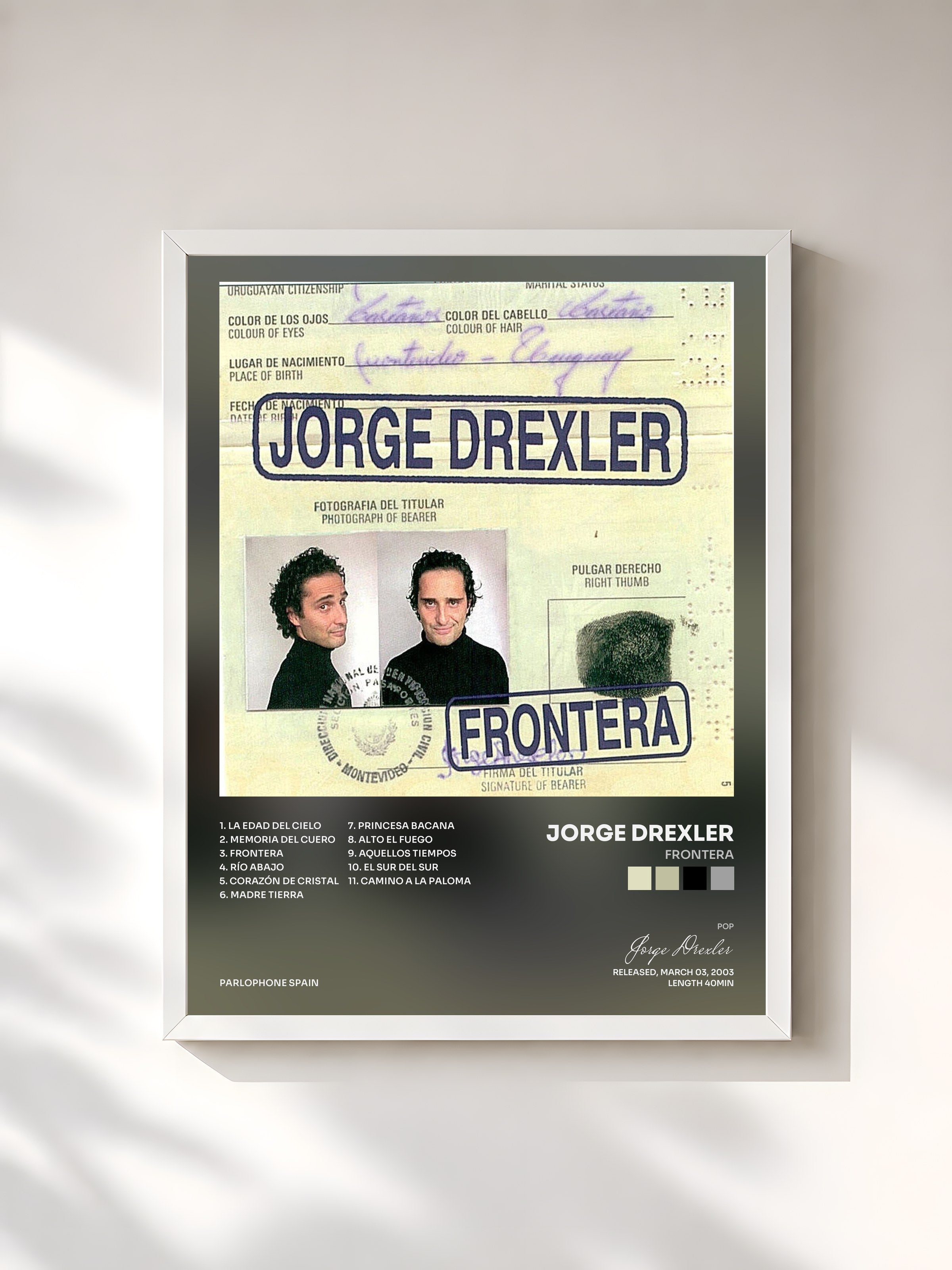 #blanc Tableau de l'album Frontera de Jorge Drexler, cadre blanc, imprimé et encadré en France