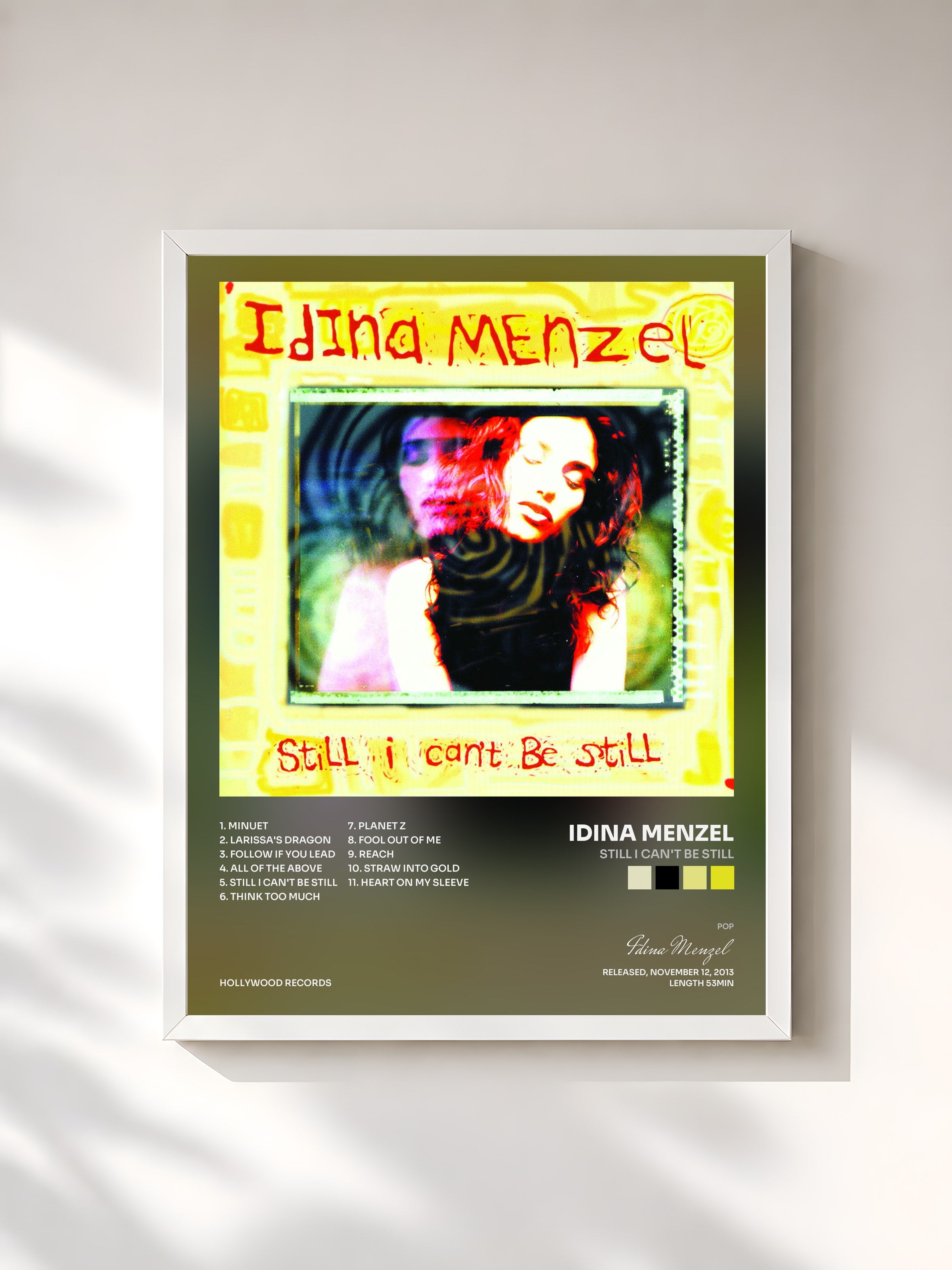#blanc Tableau de l'album Still I Can't Be Still de Idina Menzel, cadre blanc, imprimé et encadré en France