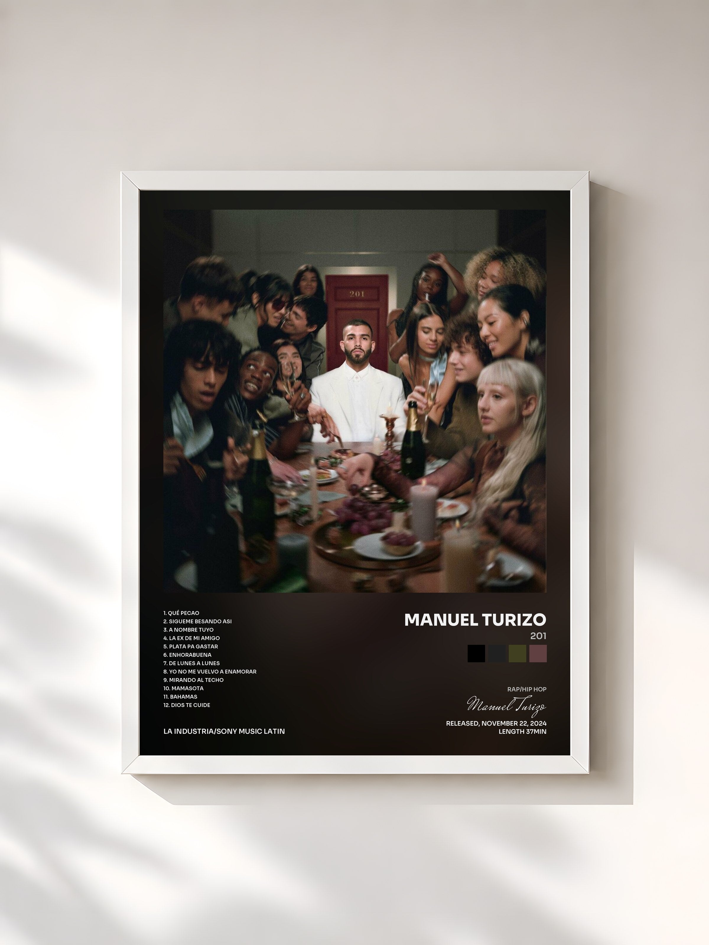 #blanc Tableau de l'album 201 de Manuel Turizo, cadre blanc, imprimé et encadré en France
