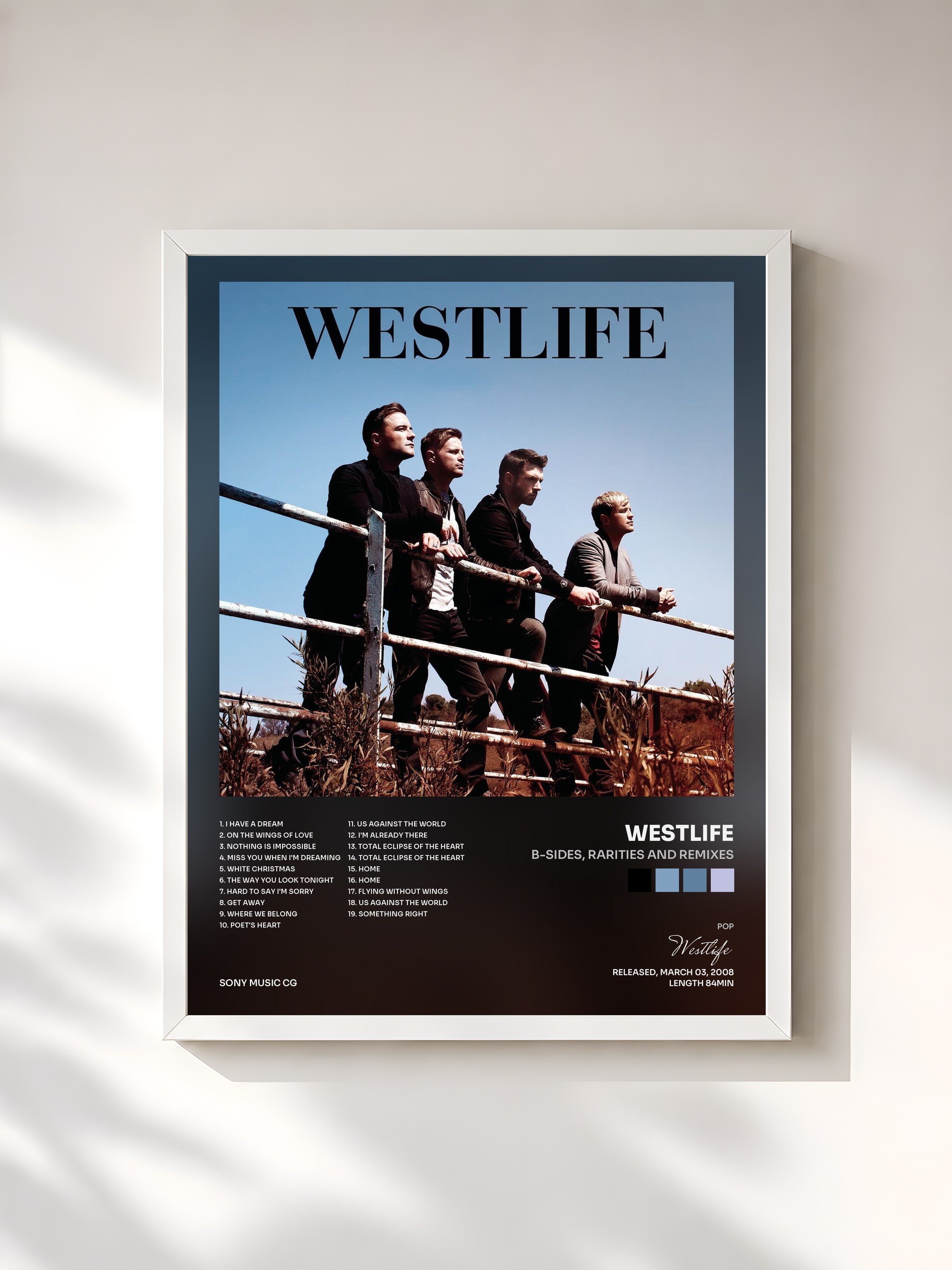 #blanc Tableau de l'album B-Sides, Rarities and Remixes de Westlife, cadre blanc, imprimé et encadré en France