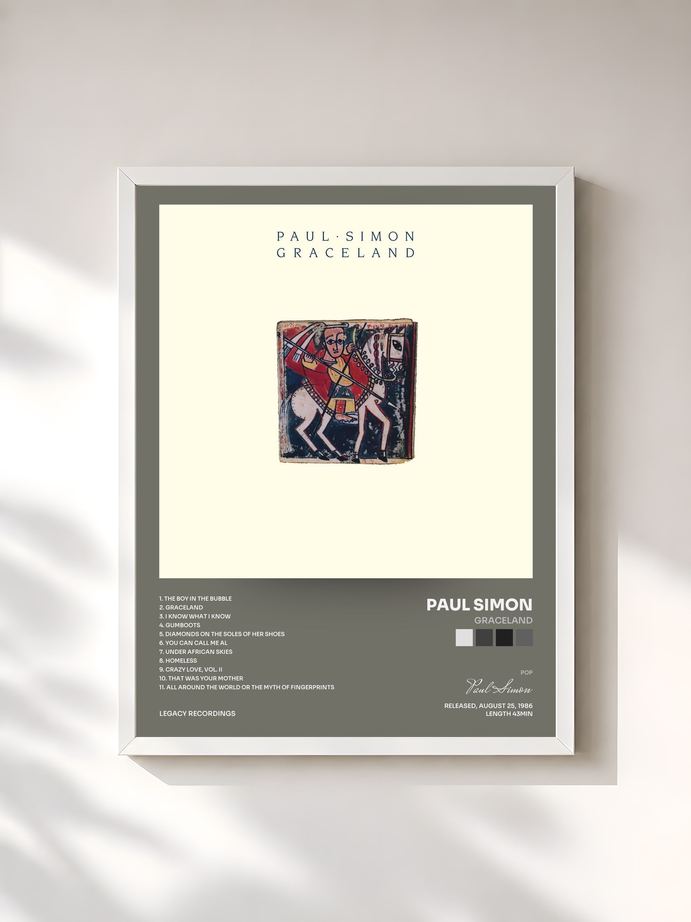 #blanc Tableau de l'album Graceland de Paul Simon, cadre blanc, imprimé et encadré en France
