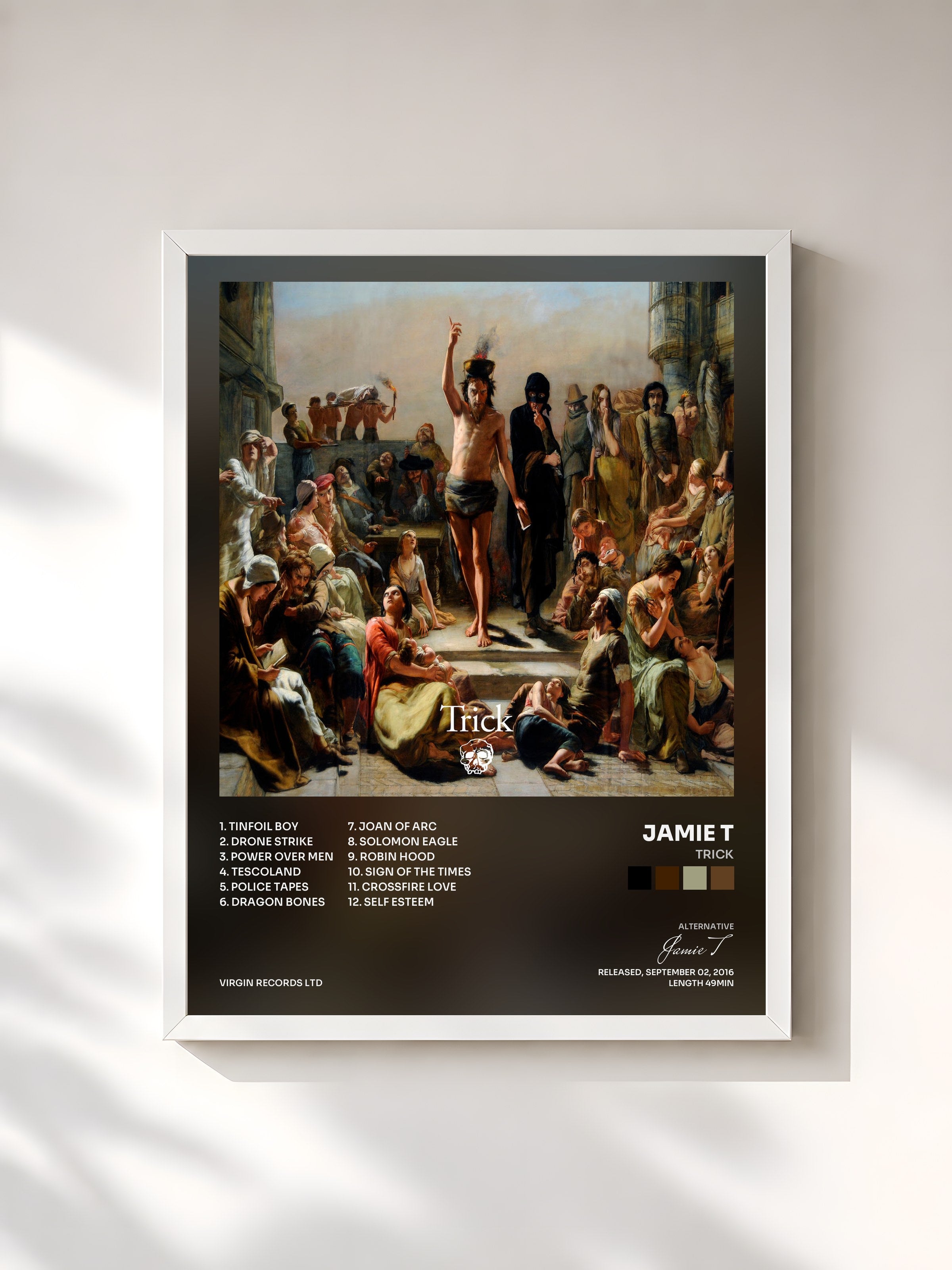 #blanc Tableau de l'album Trick de Jamie T, cadre blanc, imprimé et encadré en France