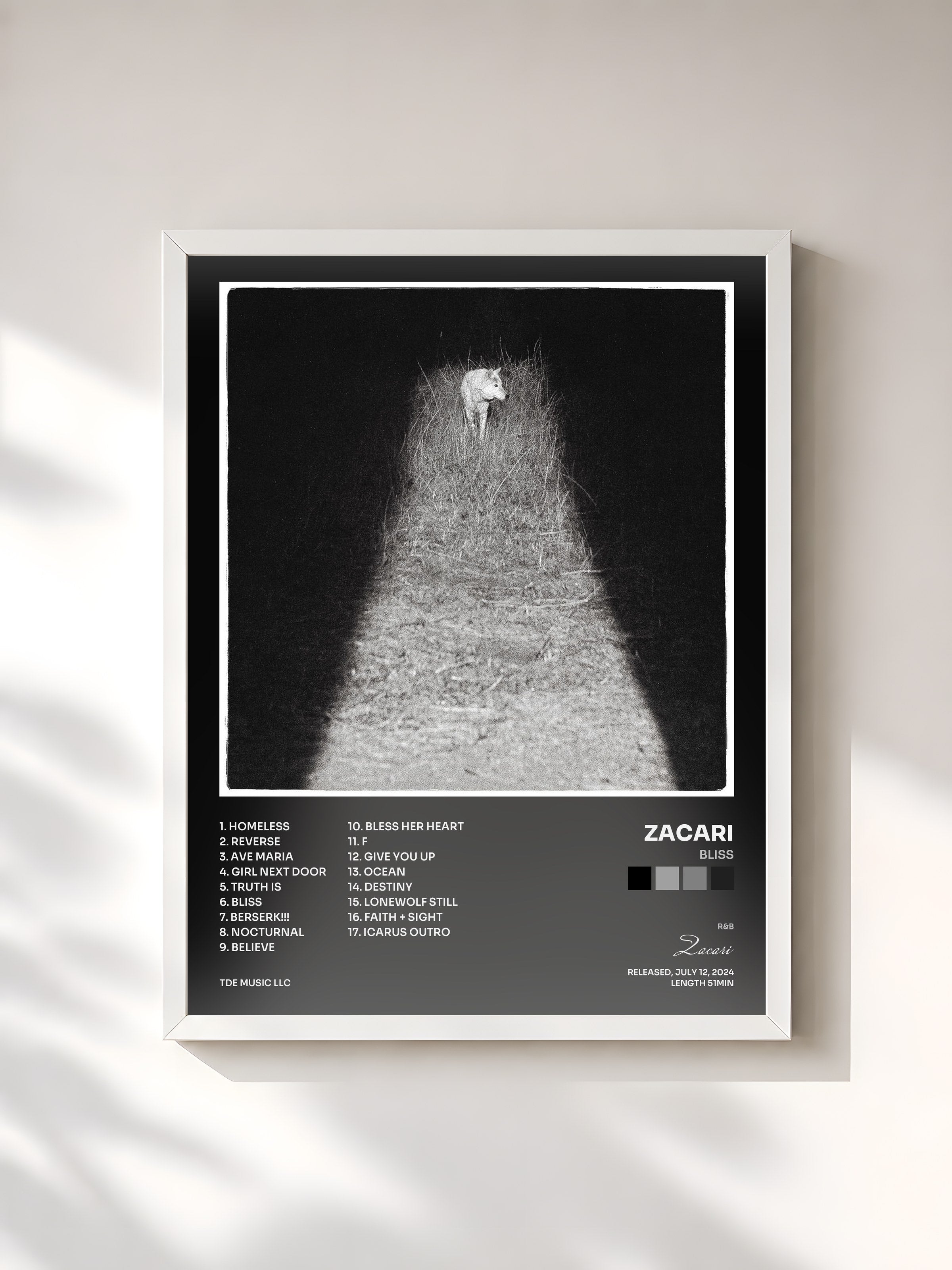 #blanc Tableau de l'album Bliss de Zacari, cadre blanc, imprimé et encadré en France