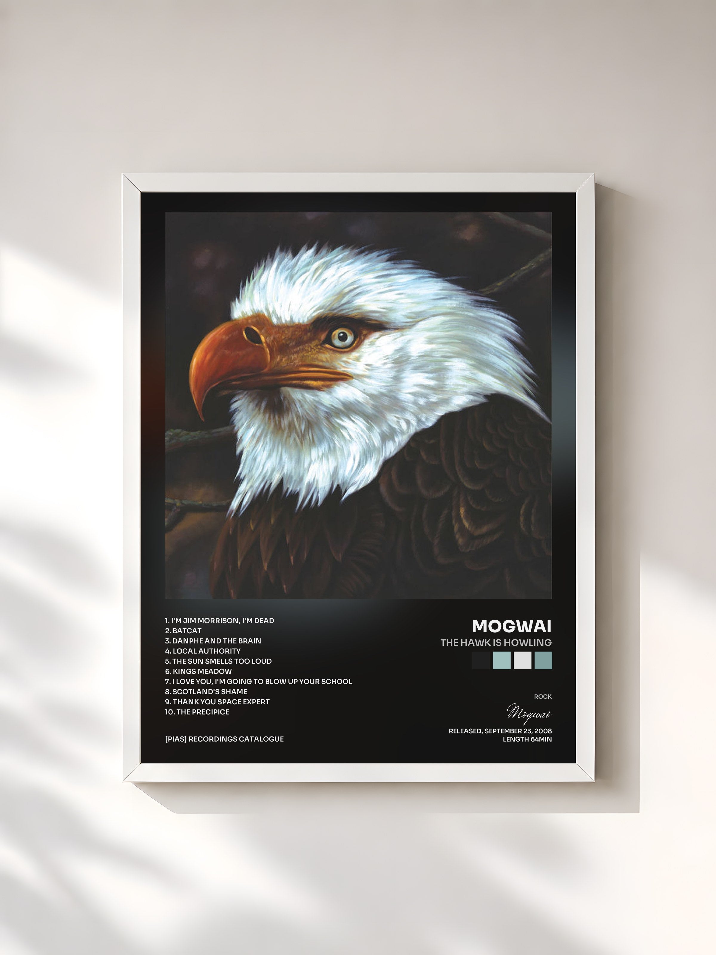 #blanc Tableau de l'album The Hawk Is Howling de Mogwai, cadre blanc, imprimé et encadré en France
