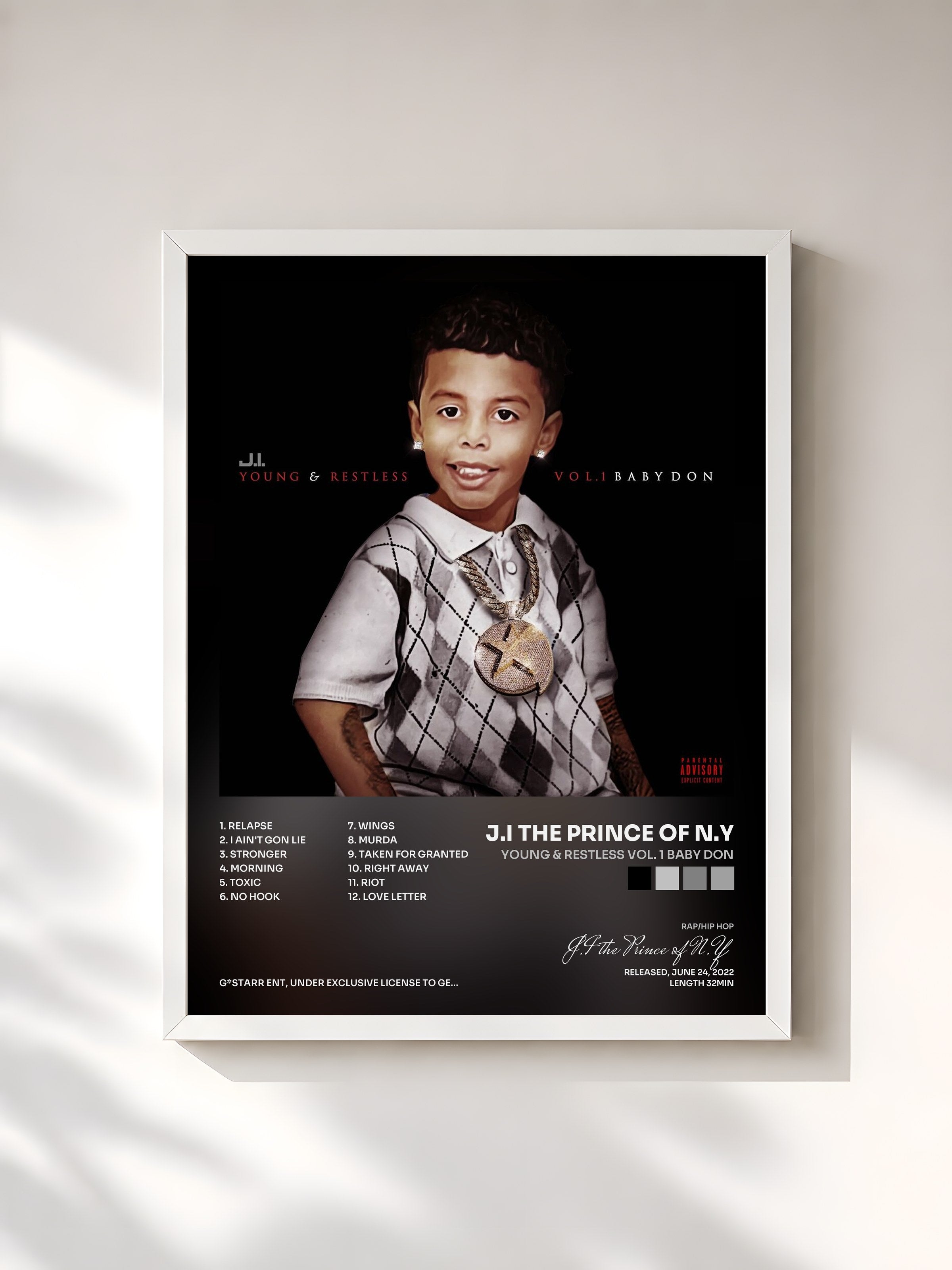 #blanc Tableau de l'album Young & Restless Vol. 1 Baby Don de J.I the Prince of N.Y, cadre blanc, imprimé et encadré en France