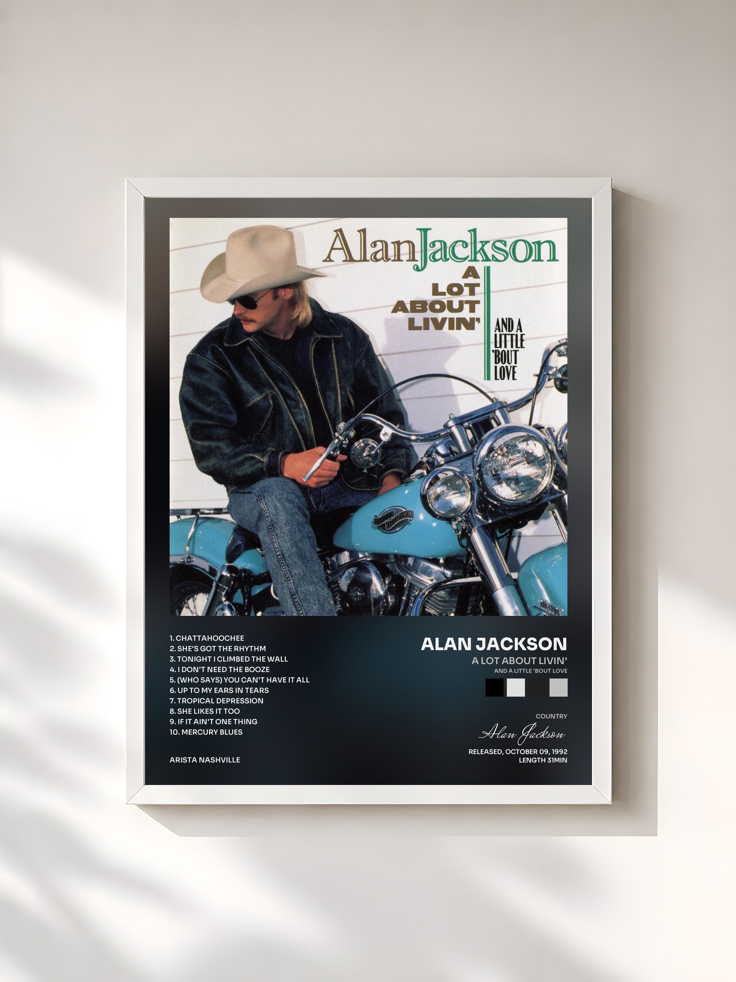 #blanc Tableau de l'album A Lot About Livin' (And A Little 'Bout Love) de Alan Jackson, cadre blanc, imprimé et encadré en France