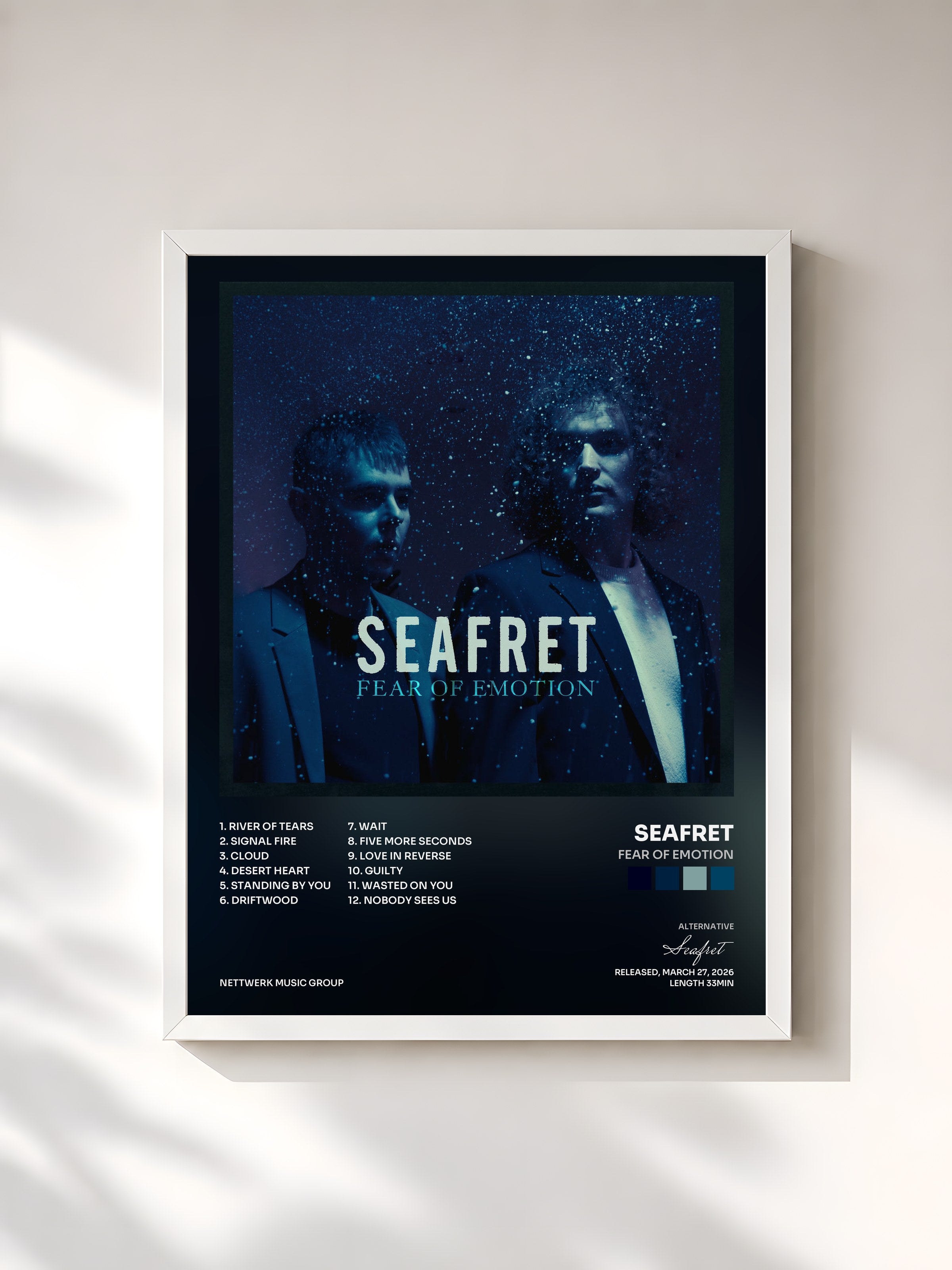#blanc Tableau de l'album Fear Of Emotion de Seafret, cadre blanc, imprimé et encadré en France