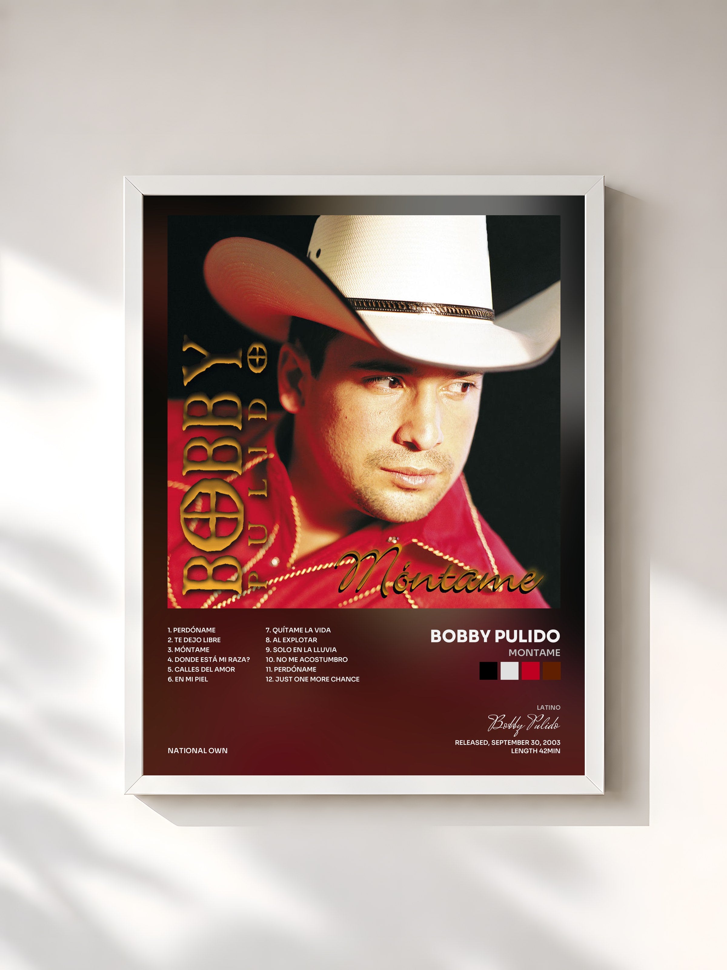 #blanc Tableau de l'album Montame de Bobby Pulido, cadre blanc, imprimé et encadré en France