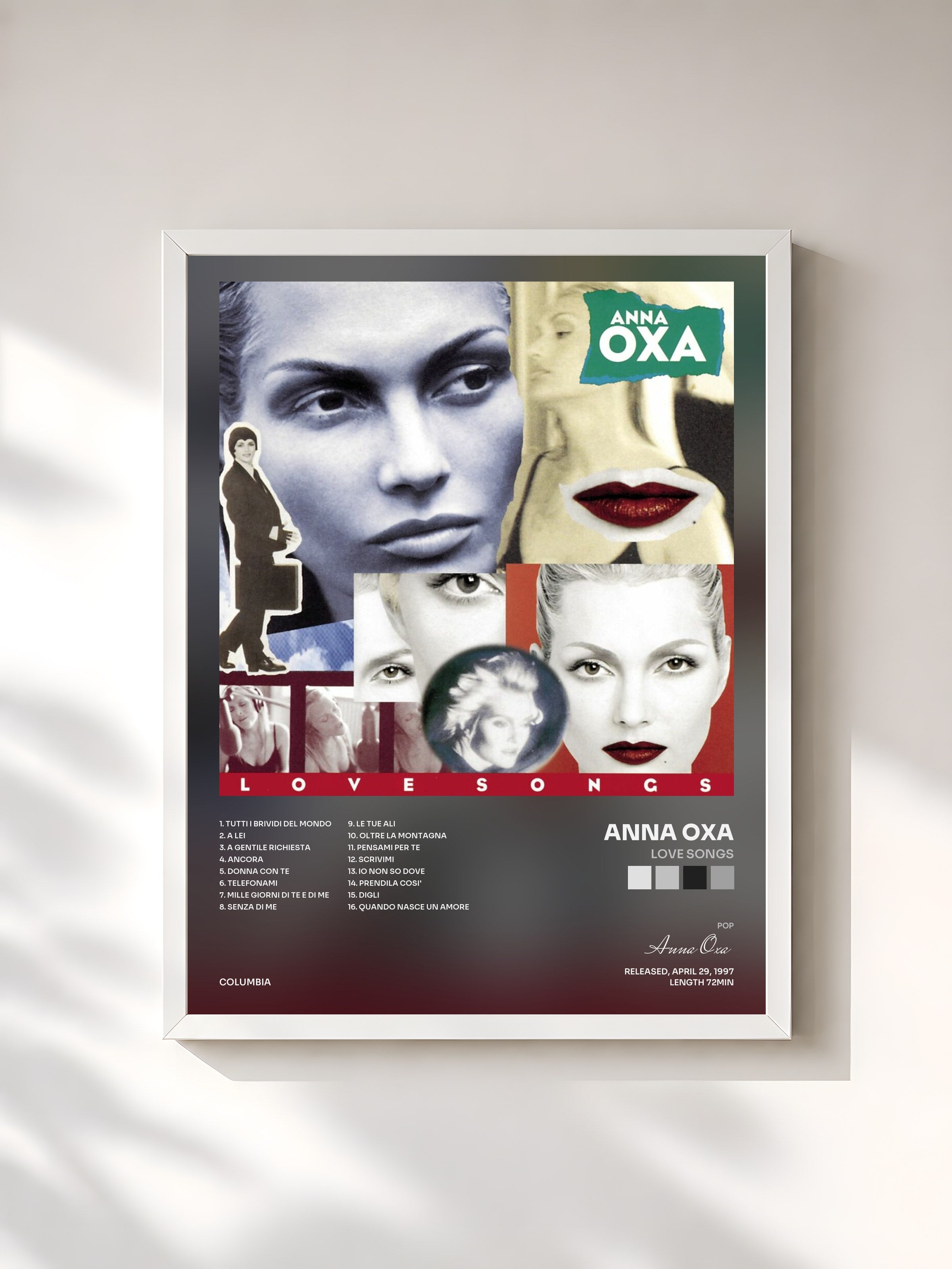 #blanc Tableau de l'album Love Songs de Anna Oxa, cadre blanc, imprimé et encadré en France