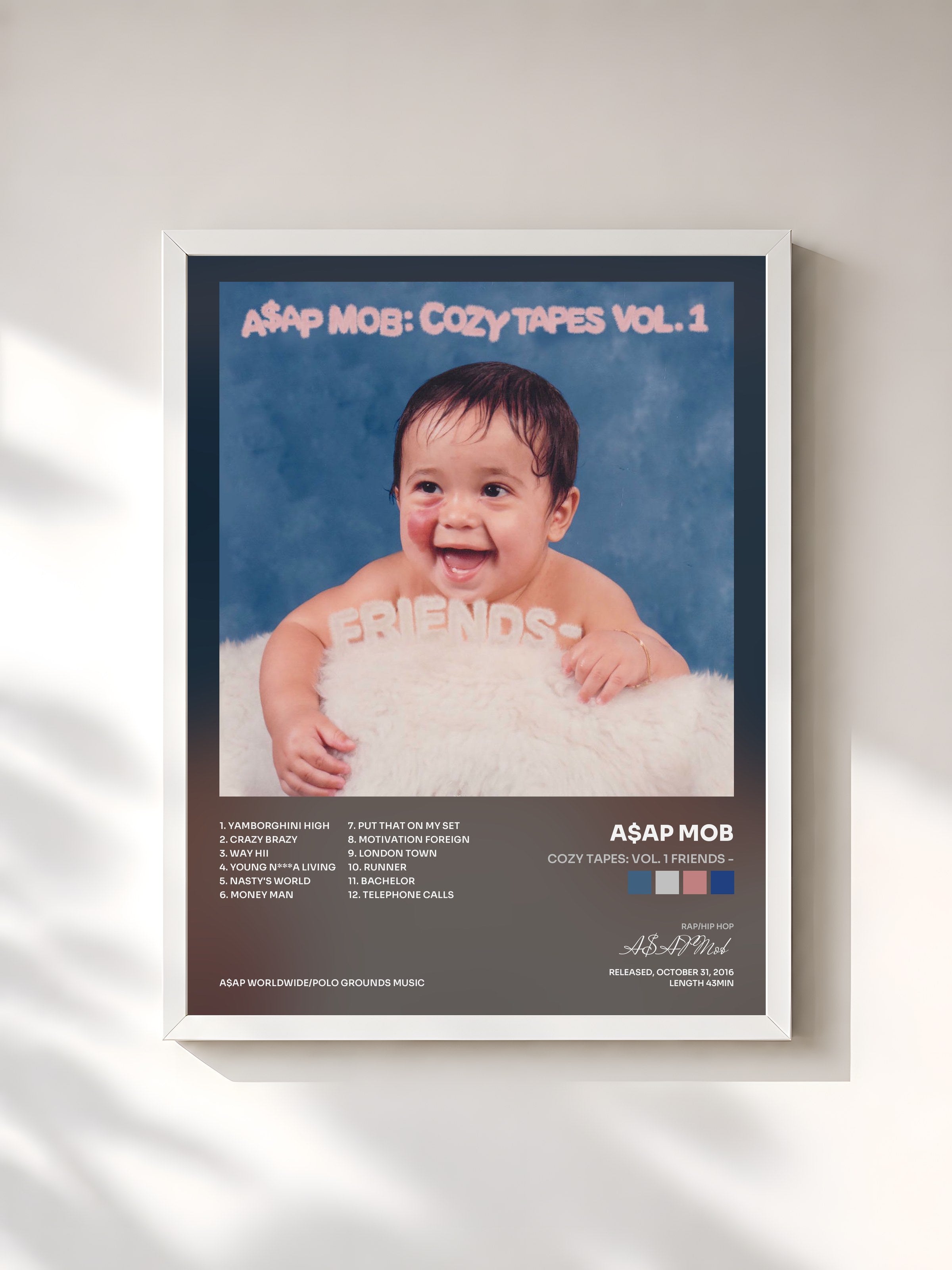 #blanc Tableau de l'album Cozy Tapes: Vol. 1 Friends - de A$AP Mob, cadre blanc, imprimé et encadré en France