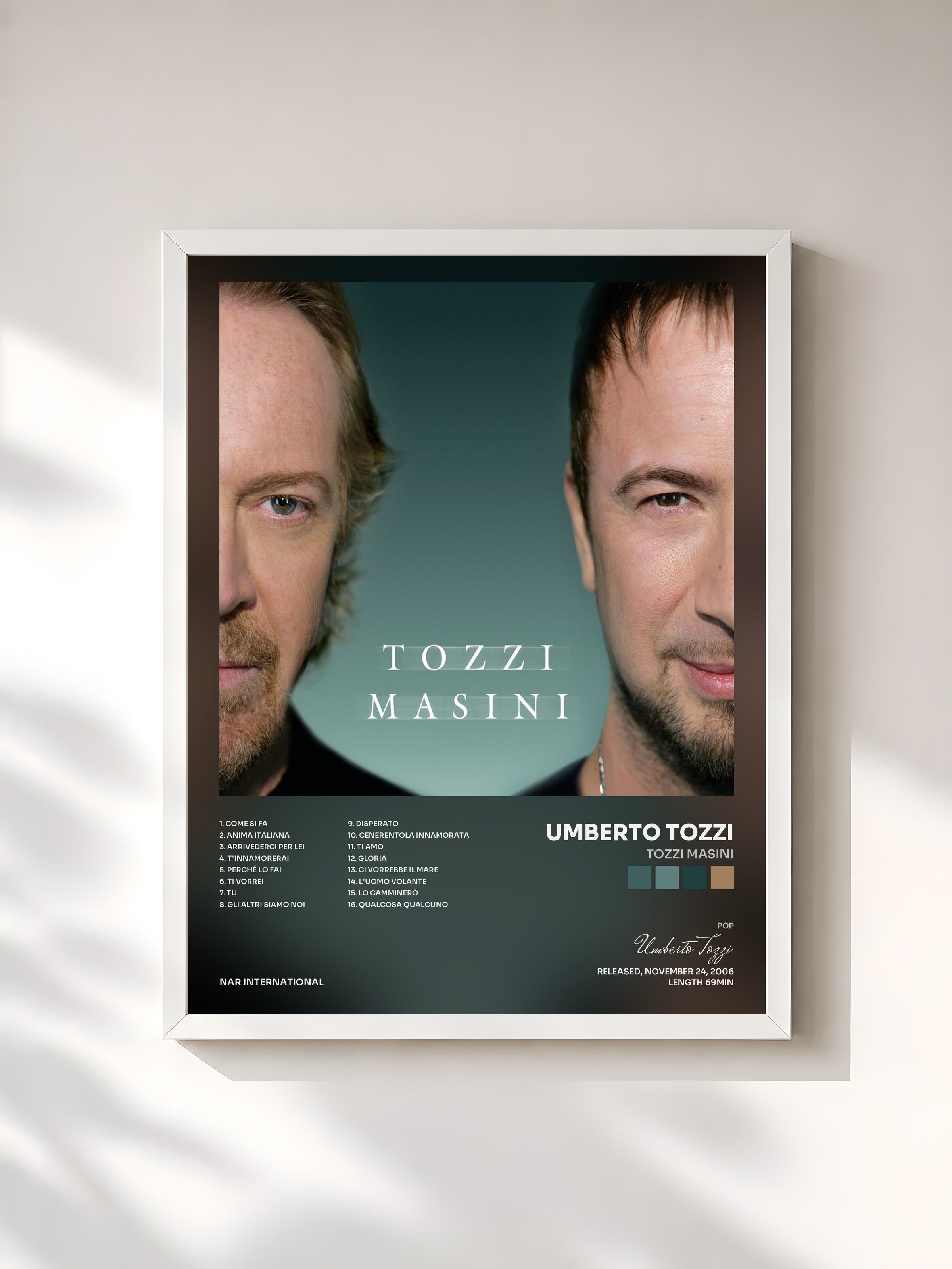 #blanc Tableau de l'album Tozzi Masini de Umberto Tozzi, cadre blanc, imprimé et encadré en France