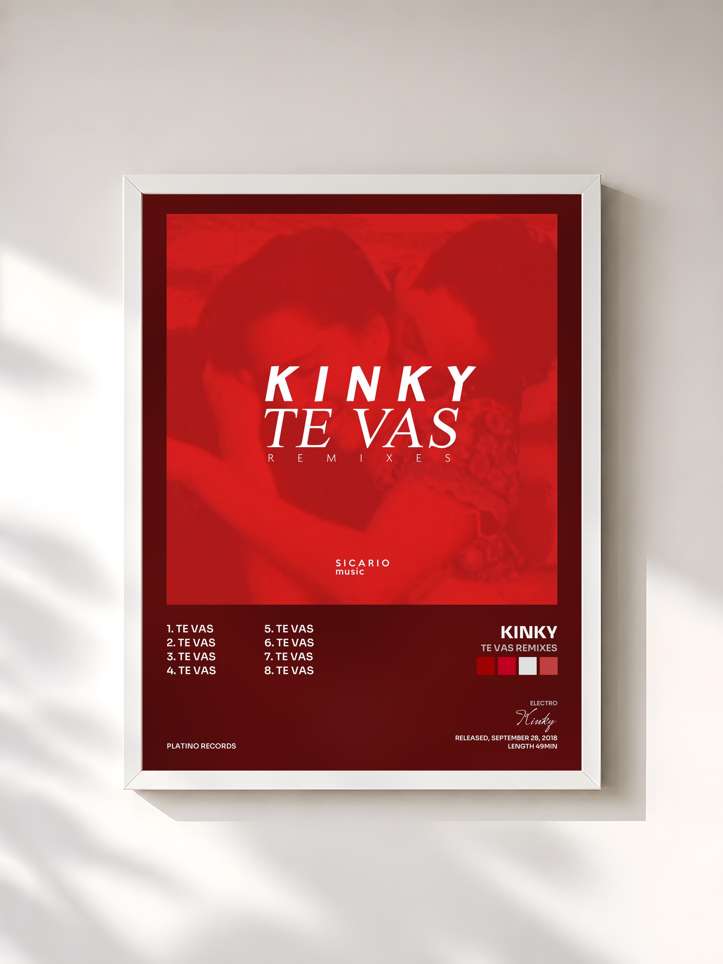 #blanc Tableau de l'album Te Vas Remixes de Kinky, cadre blanc, imprimé et encadré en France